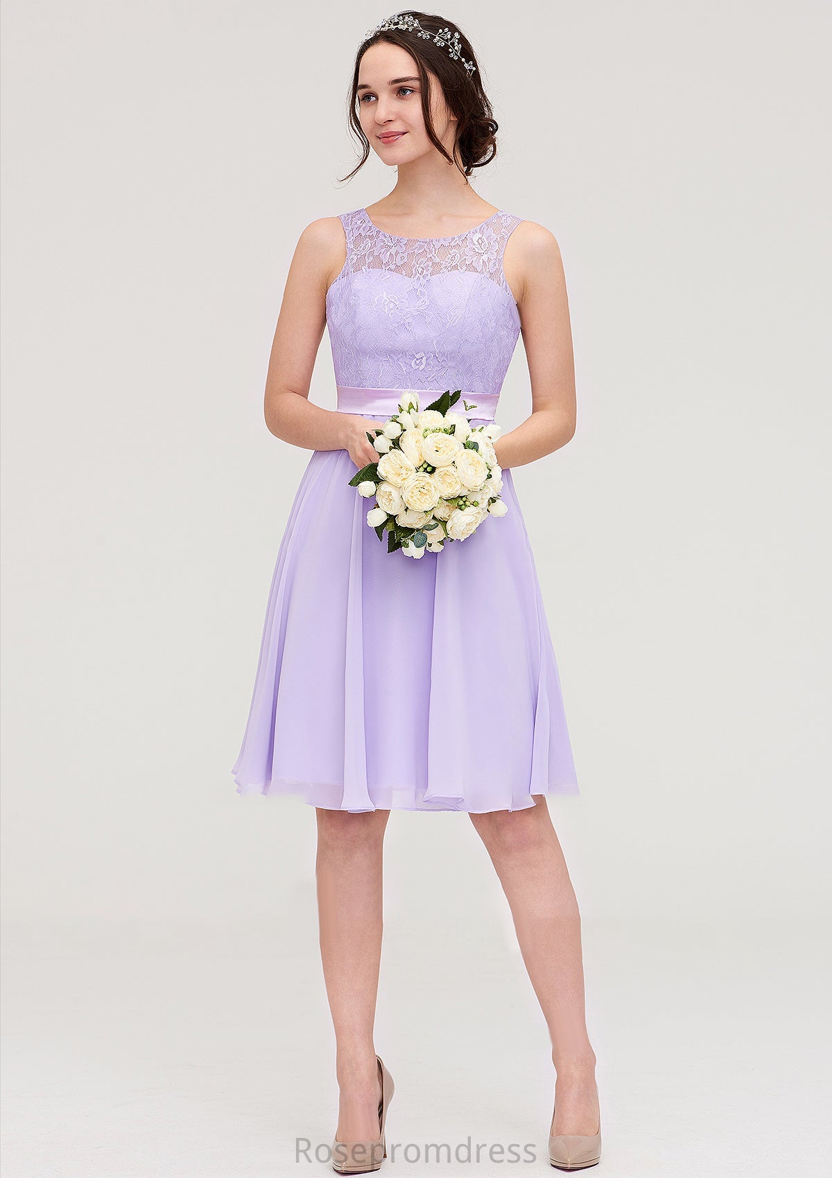 Sleeveless Knee-Length Chiffon A-line/Princess Bridesmaid Dresses With Sashes Lace Abagail SRSP0025481