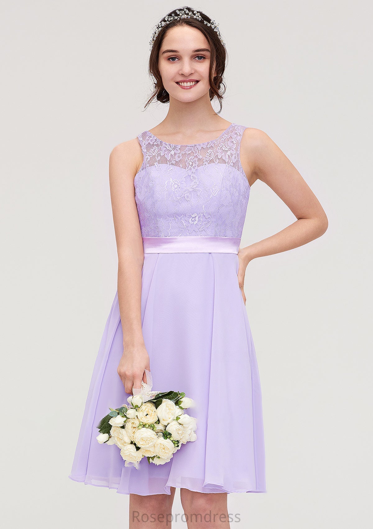 Sleeveless Knee-Length Chiffon A-line/Princess Bridesmaid Dresses With Sashes Lace Abagail SRSP0025481