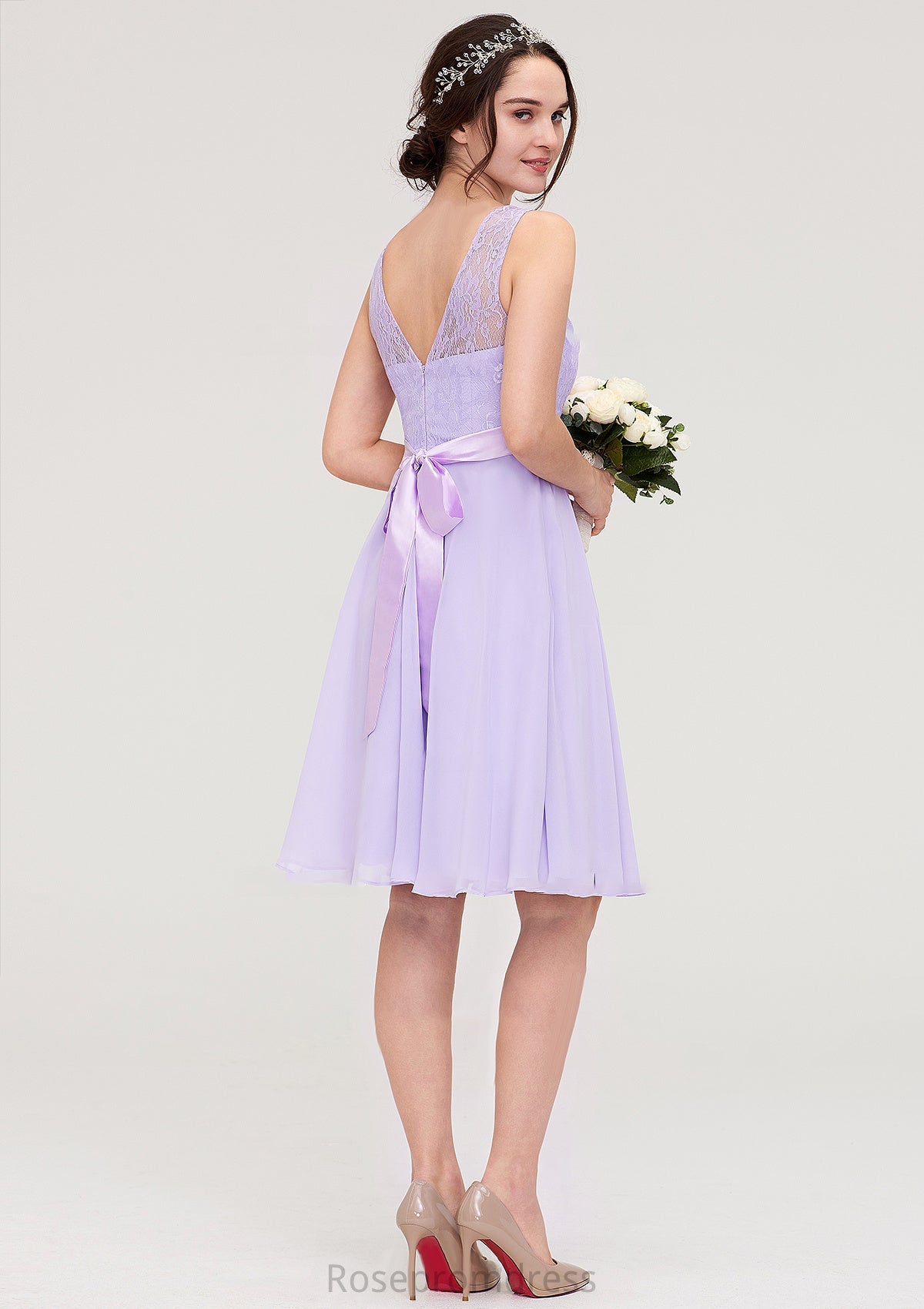 Sleeveless Knee-Length Chiffon A-line/Princess Bridesmaid Dresses With Sashes Lace Abagail SRSP0025481