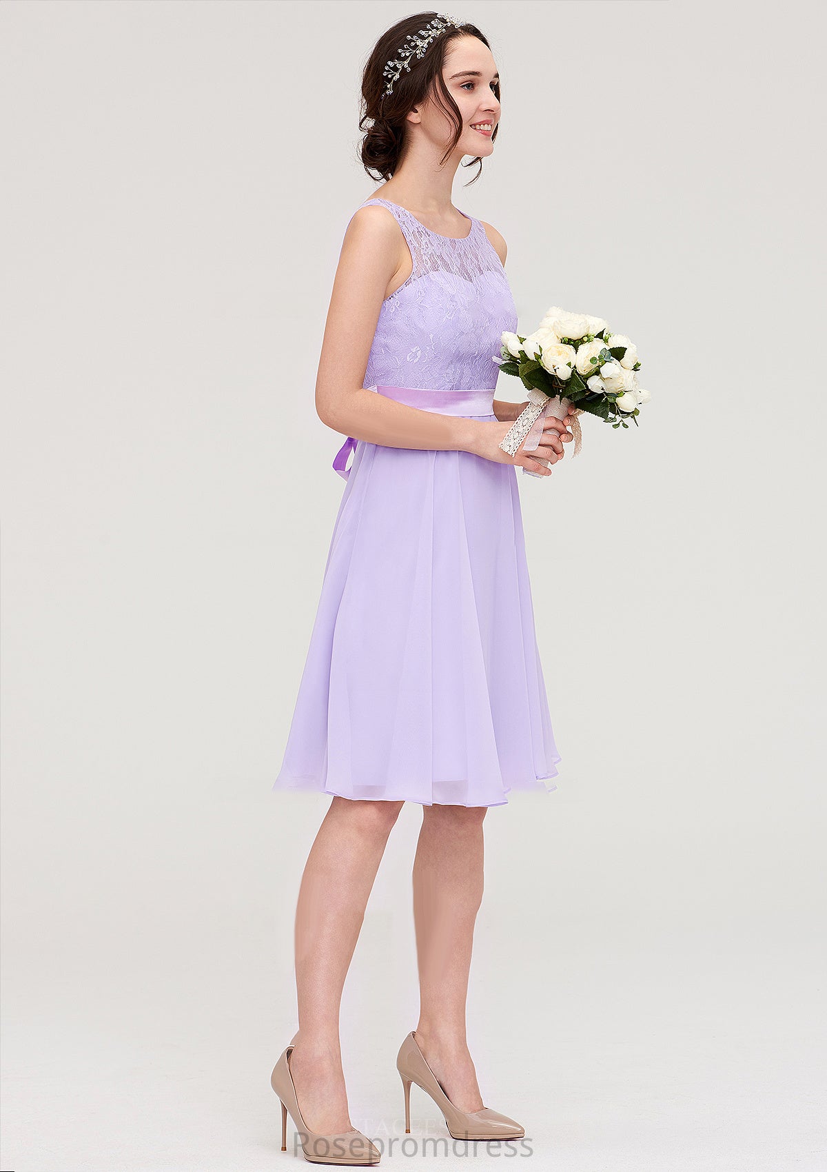 Sleeveless Knee-Length Chiffon A-line/Princess Bridesmaid Dresses With Sashes Lace Abagail SRSP0025481