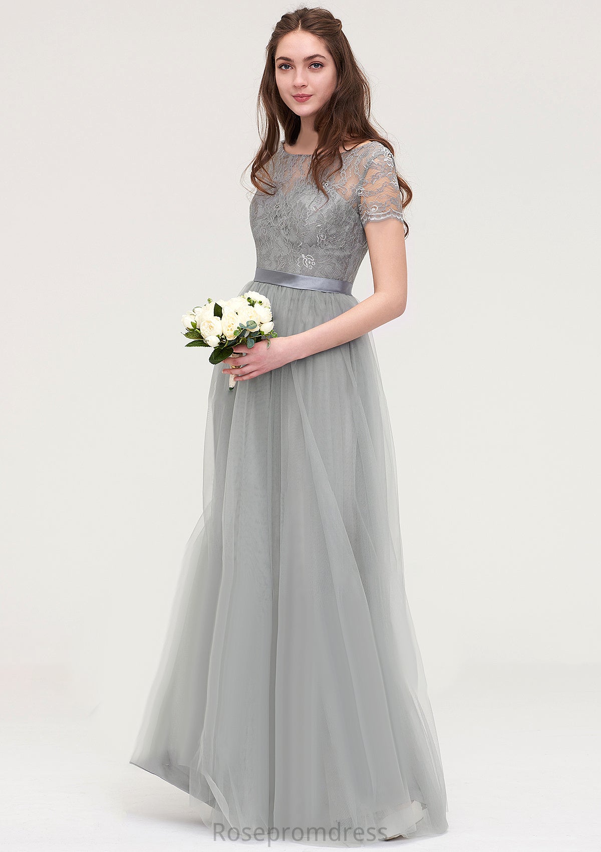 Bateau Short Sleeve Long/Floor-Length Tulle A-line/Princess Bridesmaid Dresses With Sashes Lace Londyn SRSP0025482