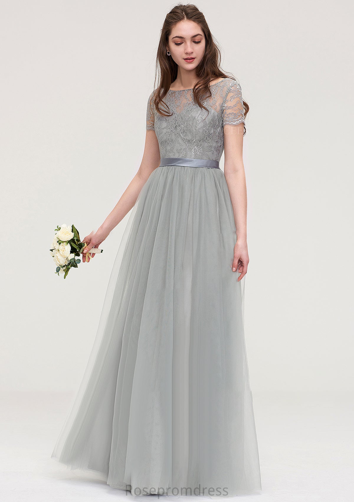 Bateau Short Sleeve Long/Floor-Length Tulle A-line/Princess Bridesmaid Dresses With Sashes Lace Londyn SRSP0025482