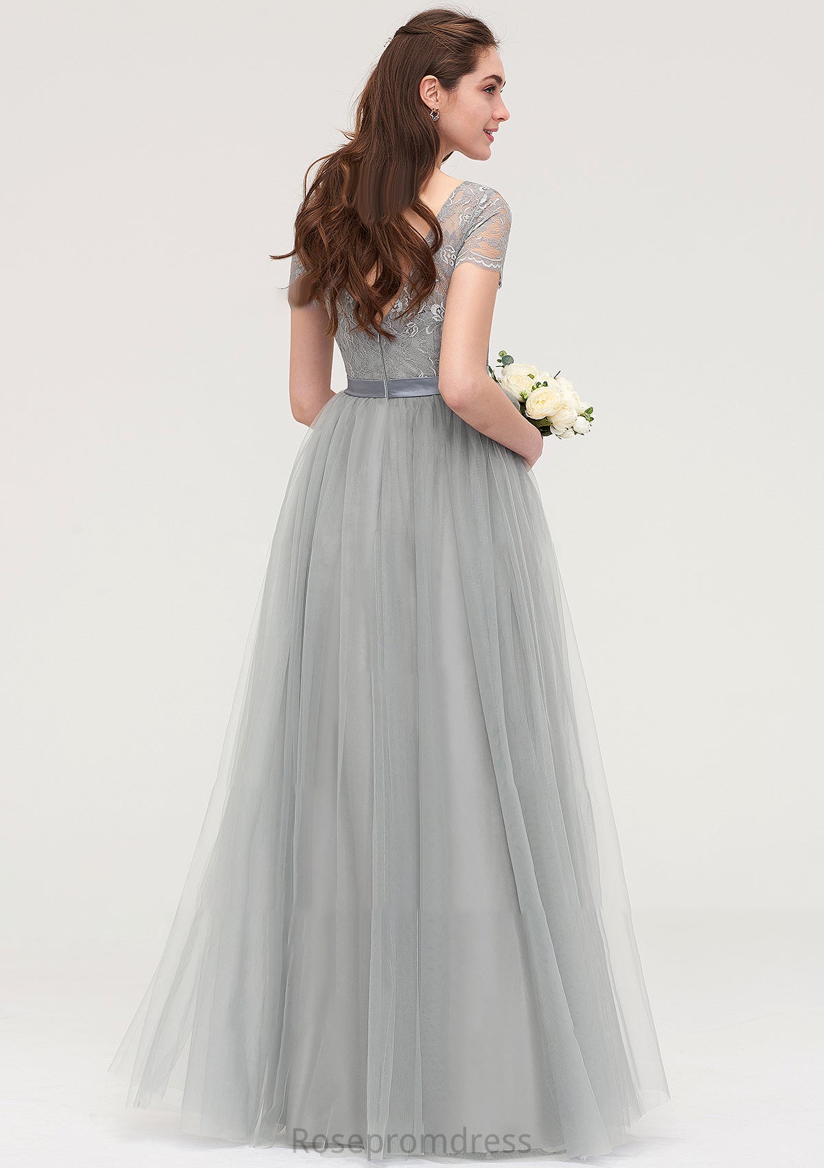 Bateau Short Sleeve Long/Floor-Length Tulle A-line/Princess Bridesmaid Dresses With Sashes Lace Londyn SRSP0025482