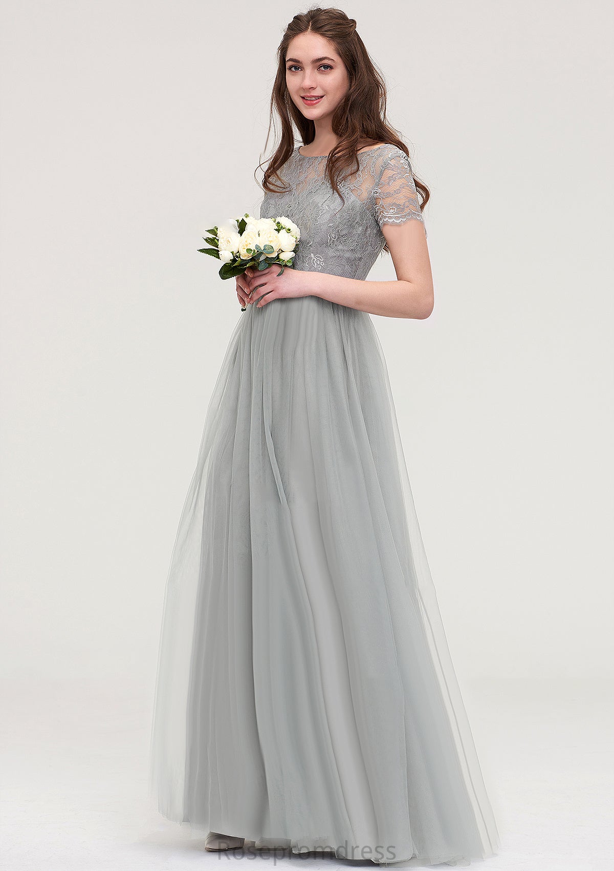 Bateau Short Sleeve Long/Floor-Length Tulle A-line/Princess Bridesmaid Dresses With Sashes Lace Londyn SRSP0025482