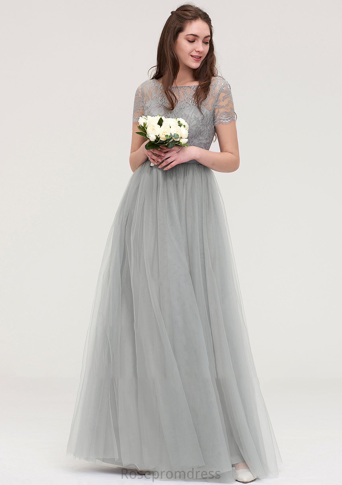 Bateau Short Sleeve Long/Floor-Length Tulle A-line/Princess Bridesmaid Dresses With Sashes Lace Londyn SRSP0025482