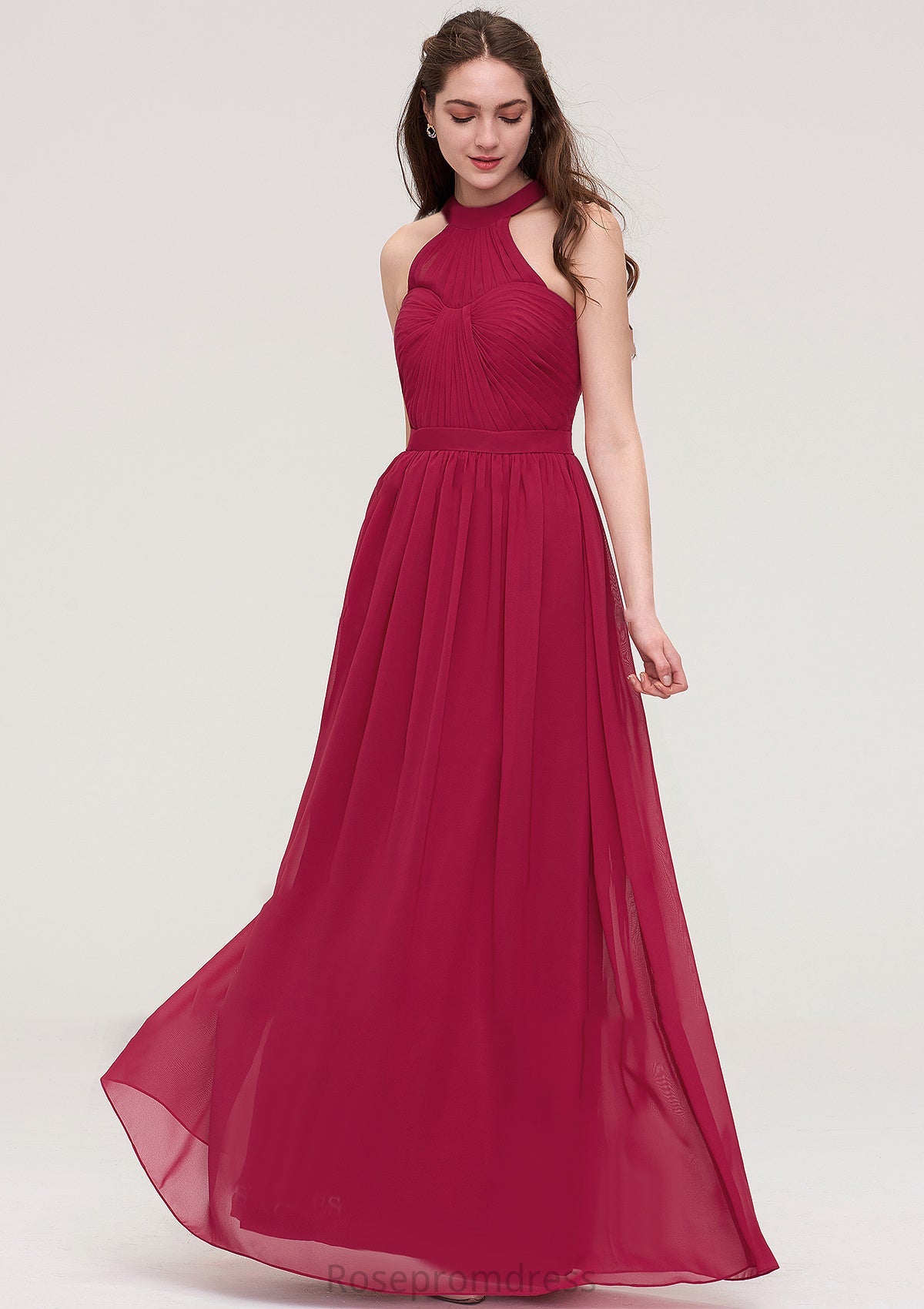 Halter Sleeveless Long/Floor-Length Chiffon A-line/Princess Bridesmaid Dresses With Pleated Addisyn SRSP0025483