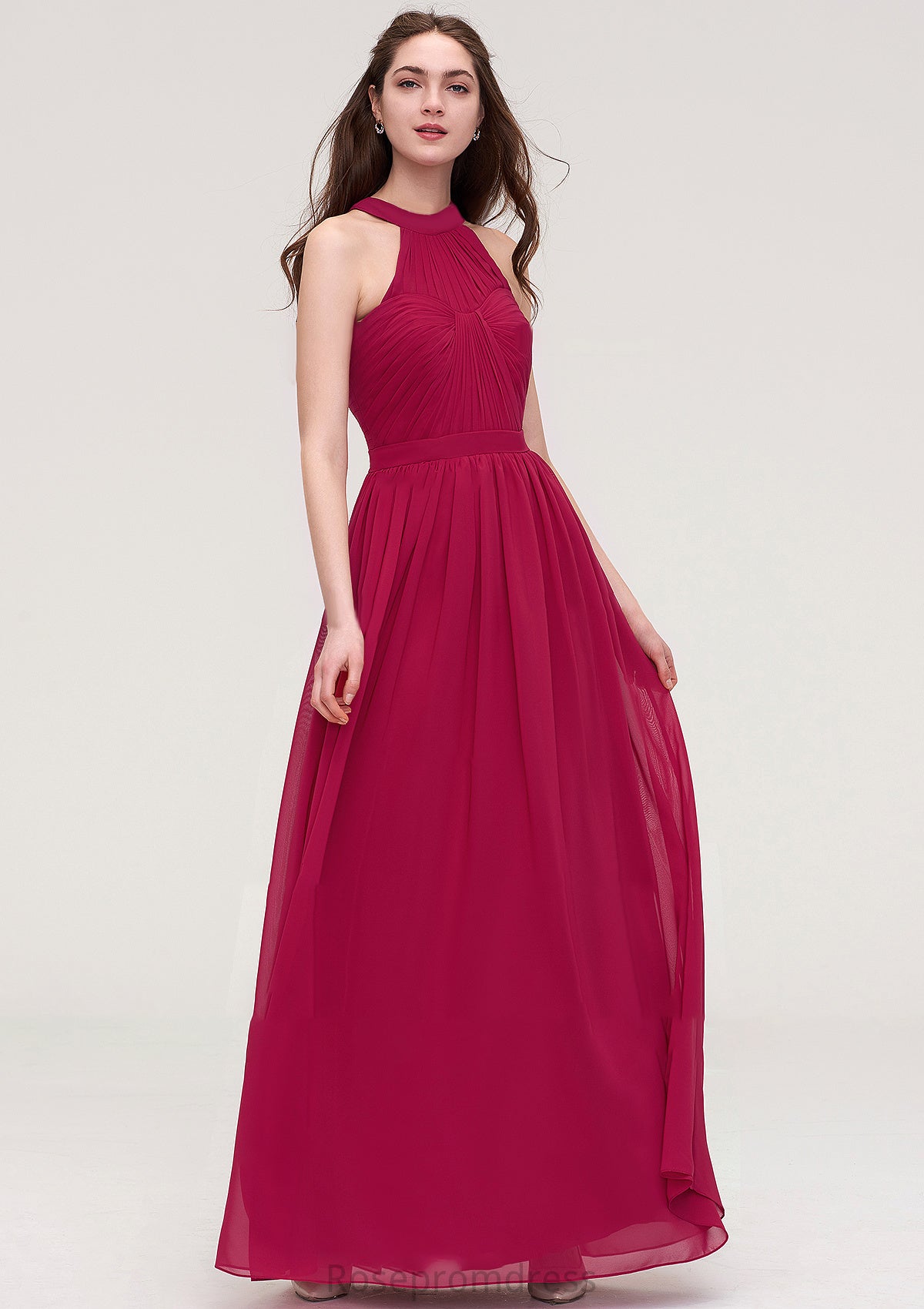 Halter Sleeveless Long/Floor-Length Chiffon A-line/Princess Bridesmaid Dresses With Pleated Addisyn SRSP0025483