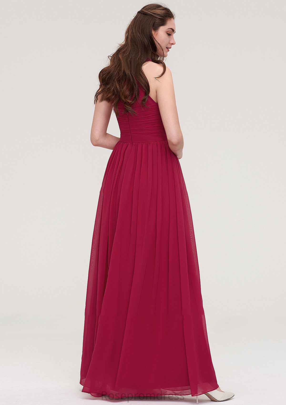 Halter Sleeveless Long/Floor-Length Chiffon A-line/Princess Bridesmaid Dresses With Pleated Addisyn SRSP0025483