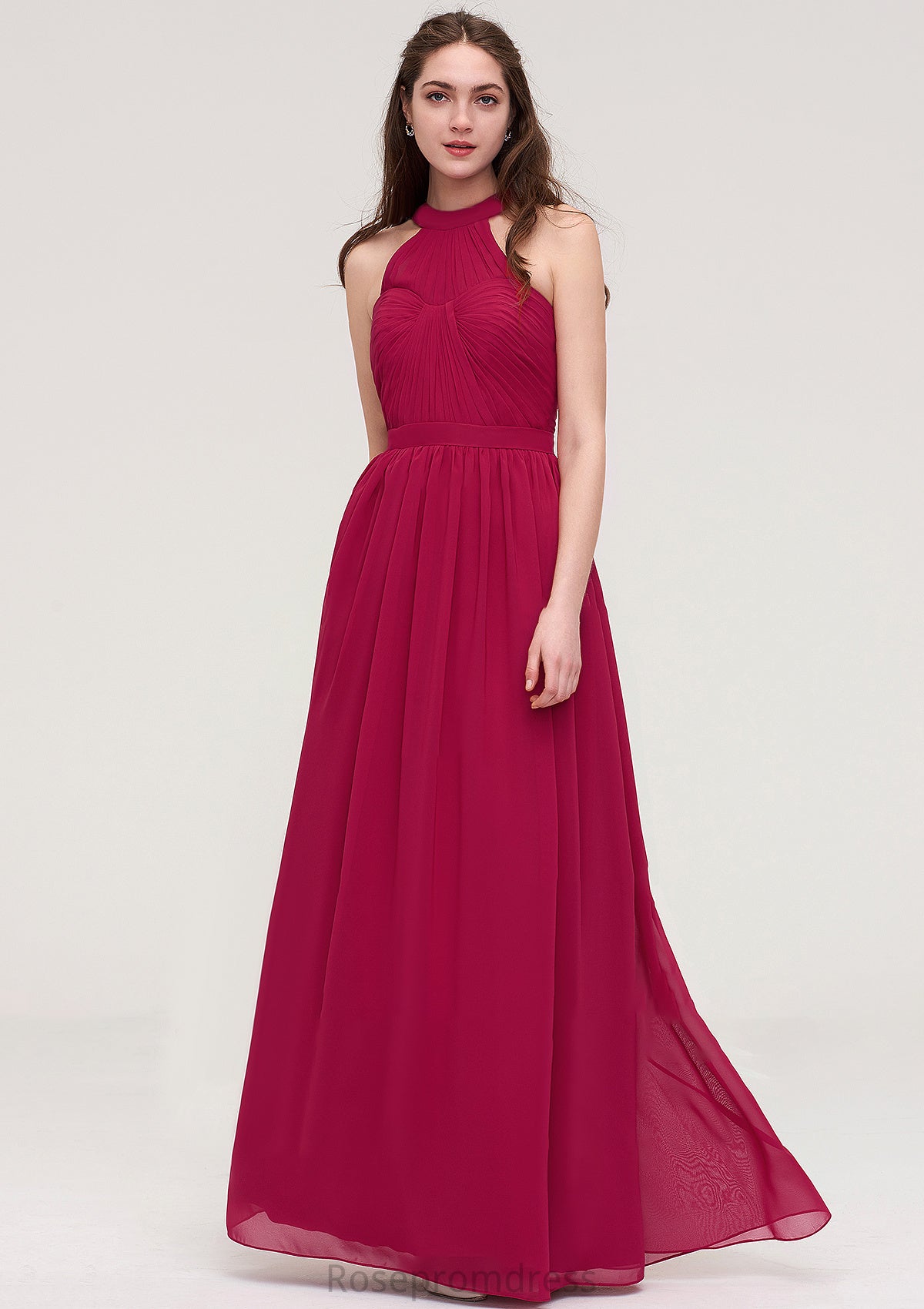 Halter Sleeveless Long/Floor-Length Chiffon A-line/Princess Bridesmaid Dresses With Pleated Addisyn SRSP0025483