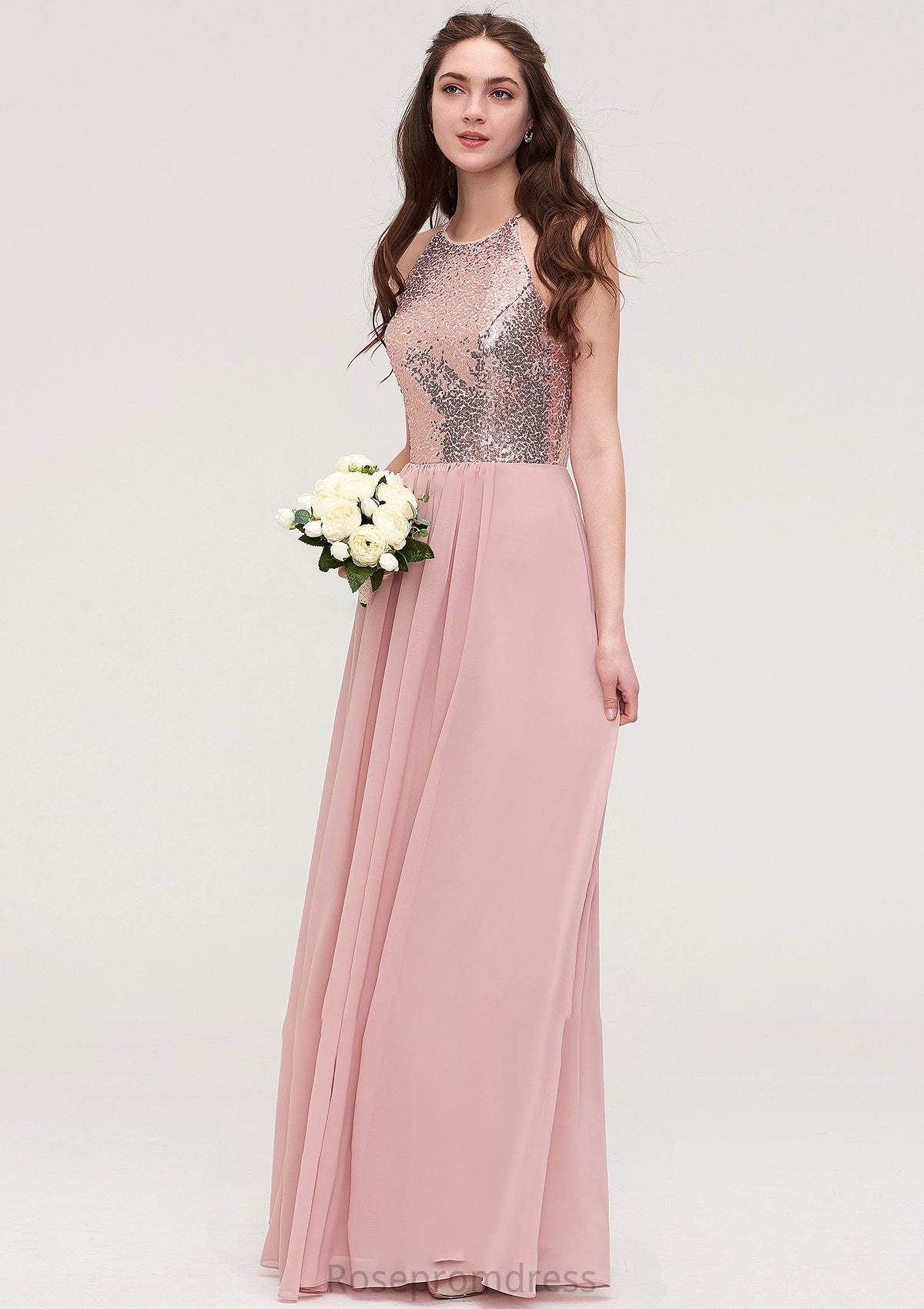 Sleeveless Bateau Long/Floor-Length Chiffon A-line/Princess Bridesmaid Dresses With Sequins Rihanna SRSP0025484