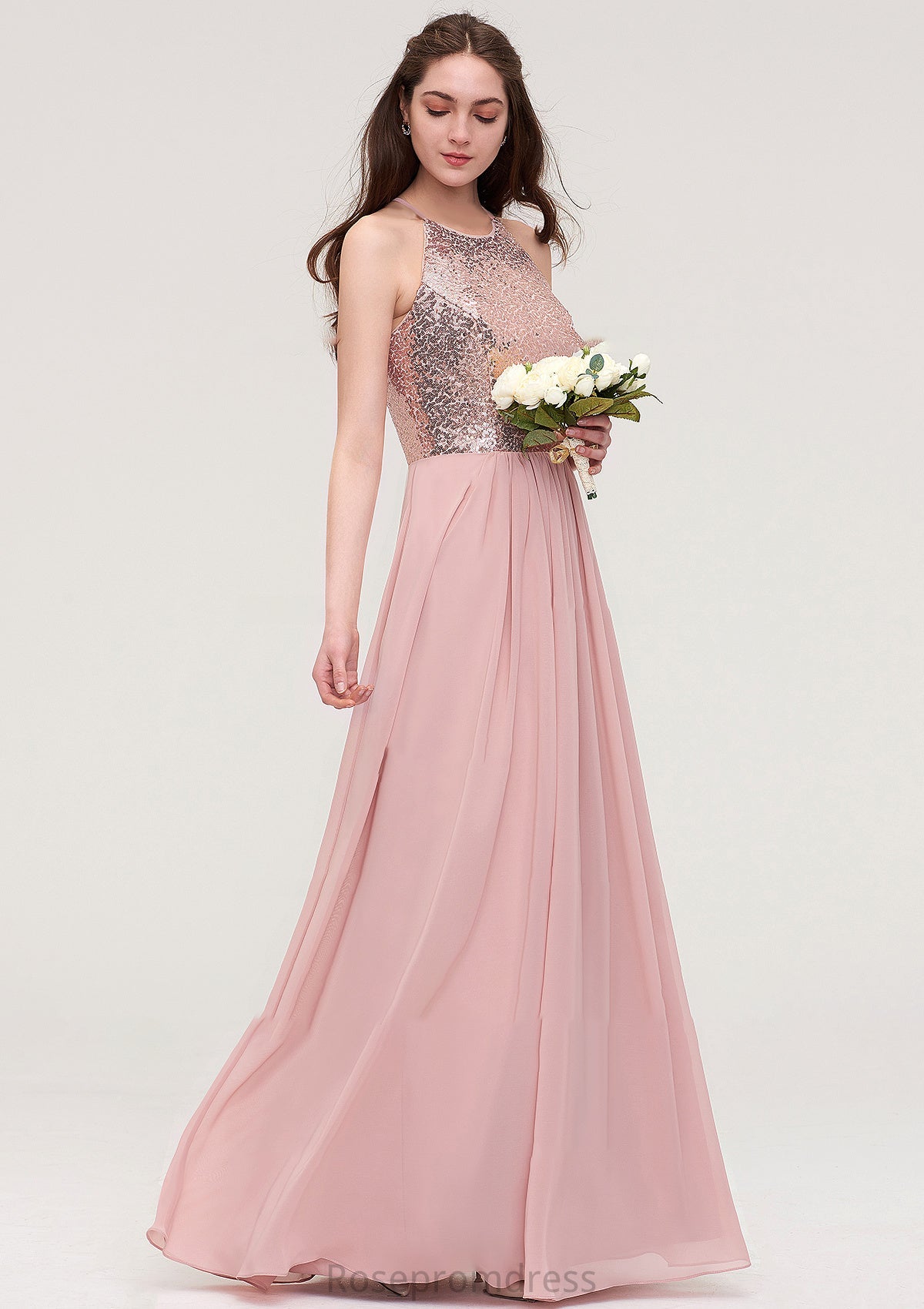 Sleeveless Bateau Long/Floor-Length Chiffon A-line/Princess Bridesmaid Dresses With Sequins Rihanna SRSP0025484