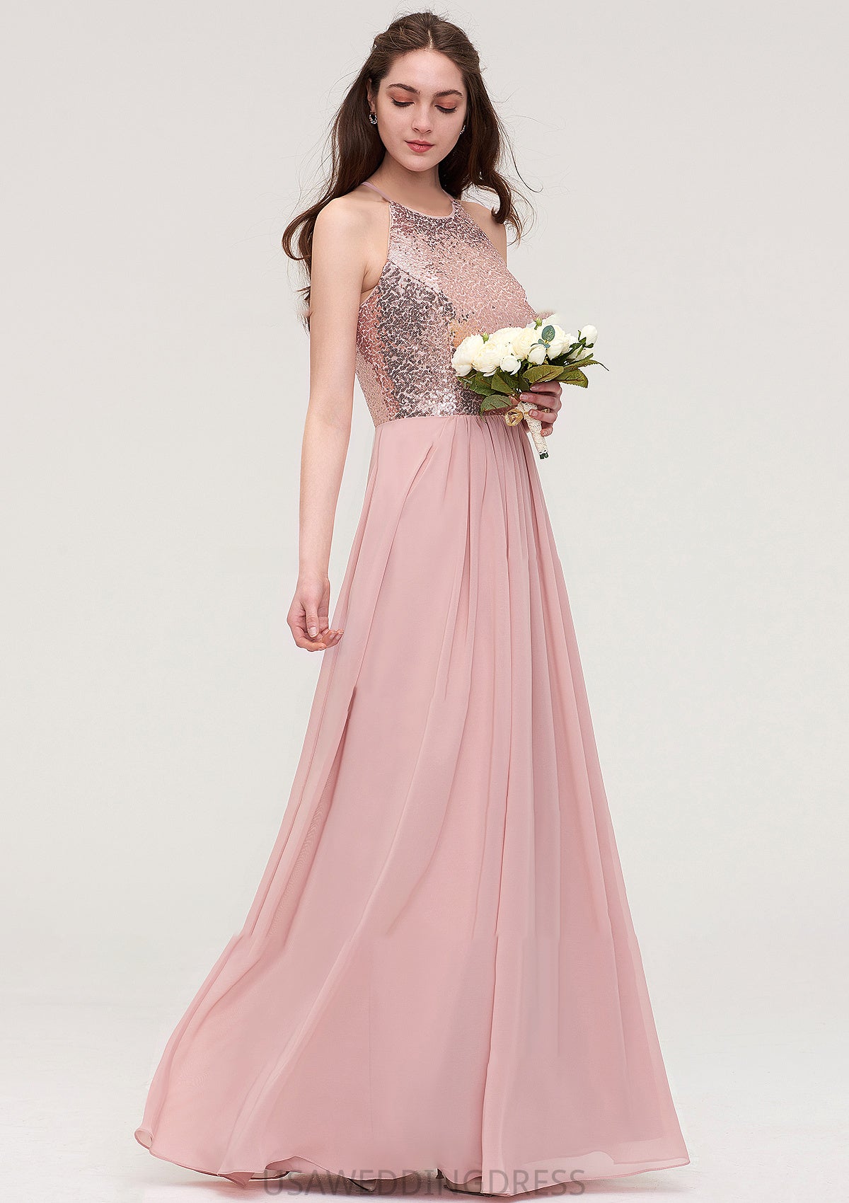 Sleeveless Bateau Long/Floor-Length Chiffon A-line/Princess Bridesmaid Dresses With Sequins Siena DSP0025484