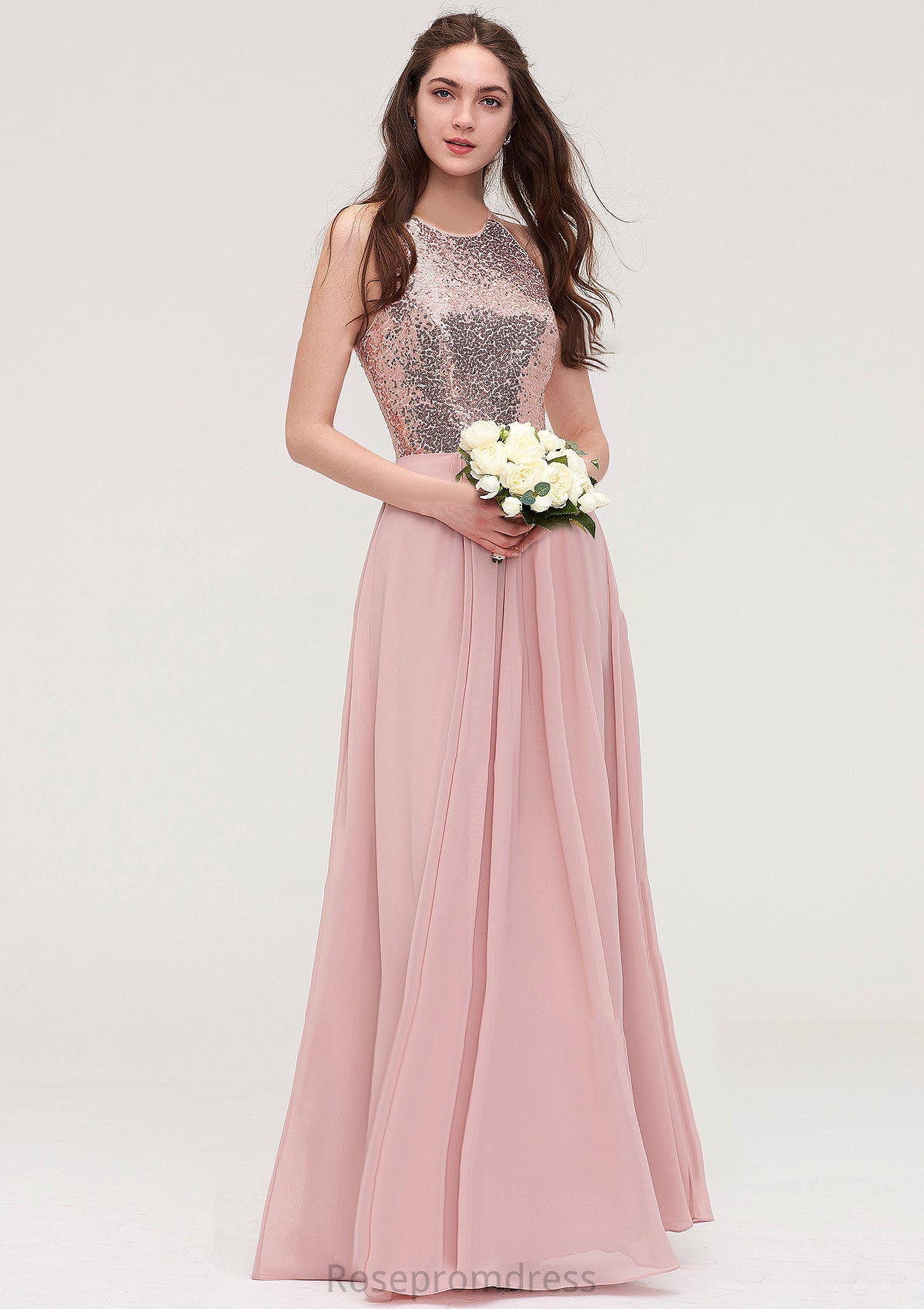 Sleeveless Bateau Long/Floor-Length Chiffon A-line/Princess Bridesmaid Dresses With Sequins Rihanna SRSP0025484