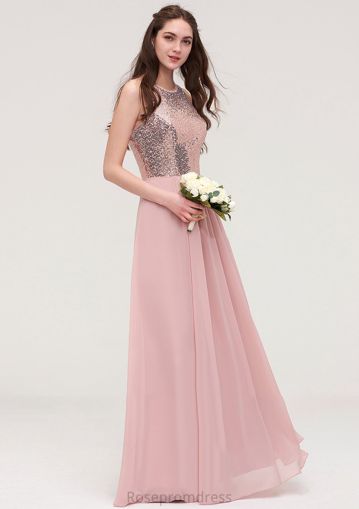 Sleeveless Bateau Long/Floor-Length Chiffon A-line/Princess Bridesmaid Dresses With Sequins Rihanna SRSP0025484