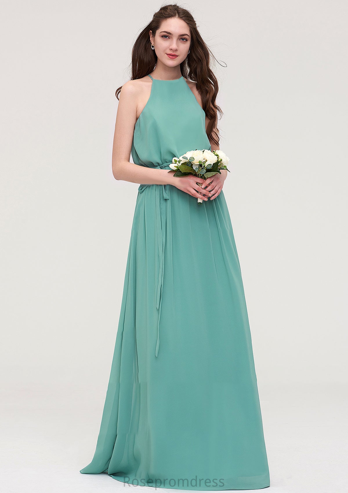 High-Neck Sleeveless Long/Floor-Length Chiffon A-line/Princess Bridesmaid Dresses With Sashes Elaina SRSP0025485