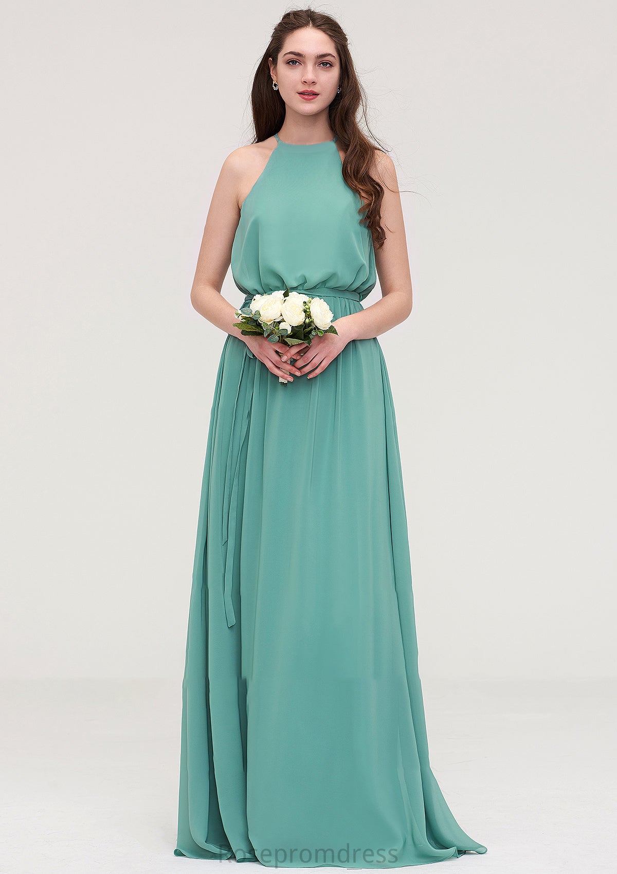 High-Neck Sleeveless Long/Floor-Length Chiffon A-line/Princess Bridesmaid Dresses With Sashes Elaina SRSP0025485