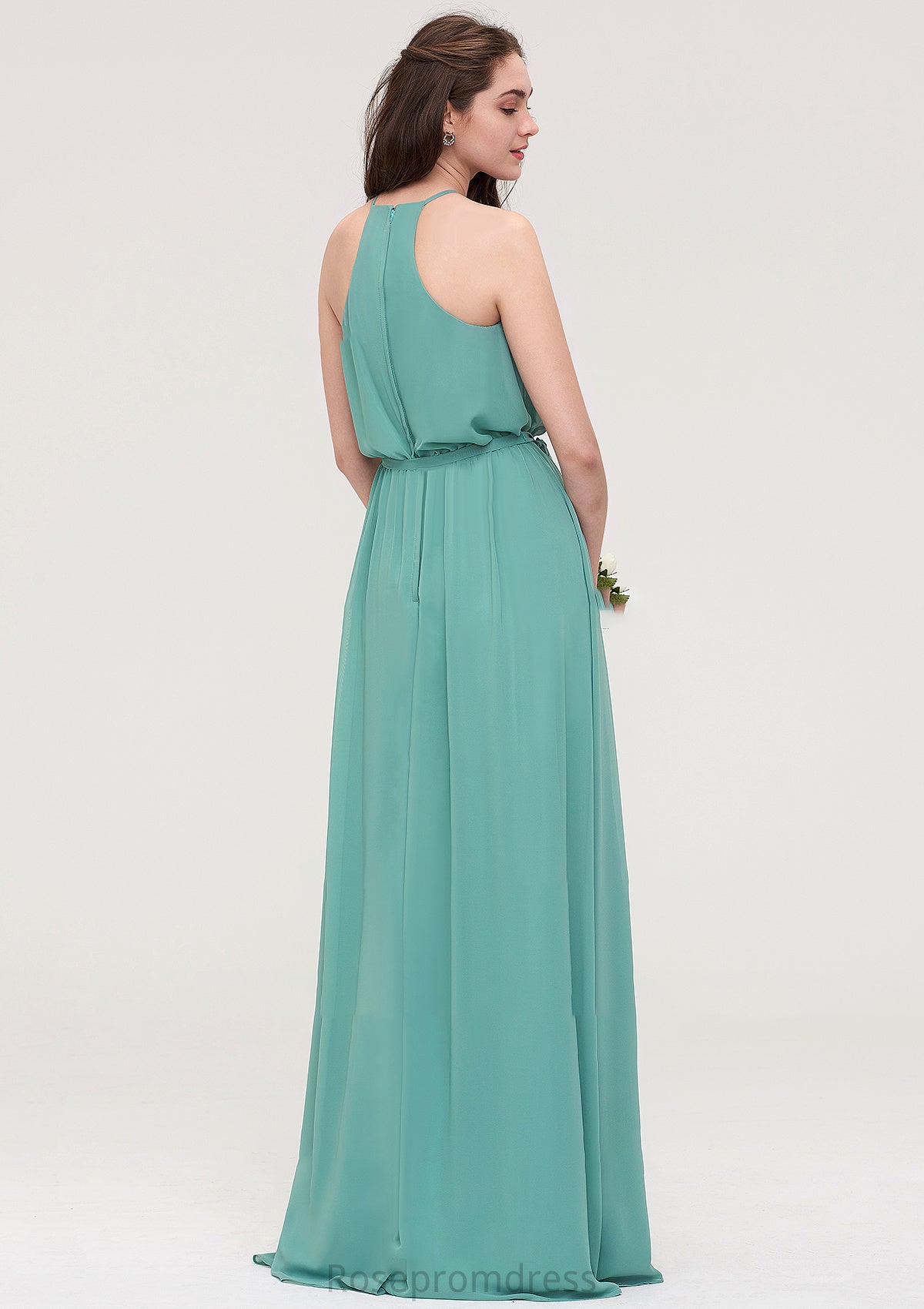 High-Neck Sleeveless Long/Floor-Length Chiffon A-line/Princess Bridesmaid Dresses With Sashes Elaina SRSP0025485