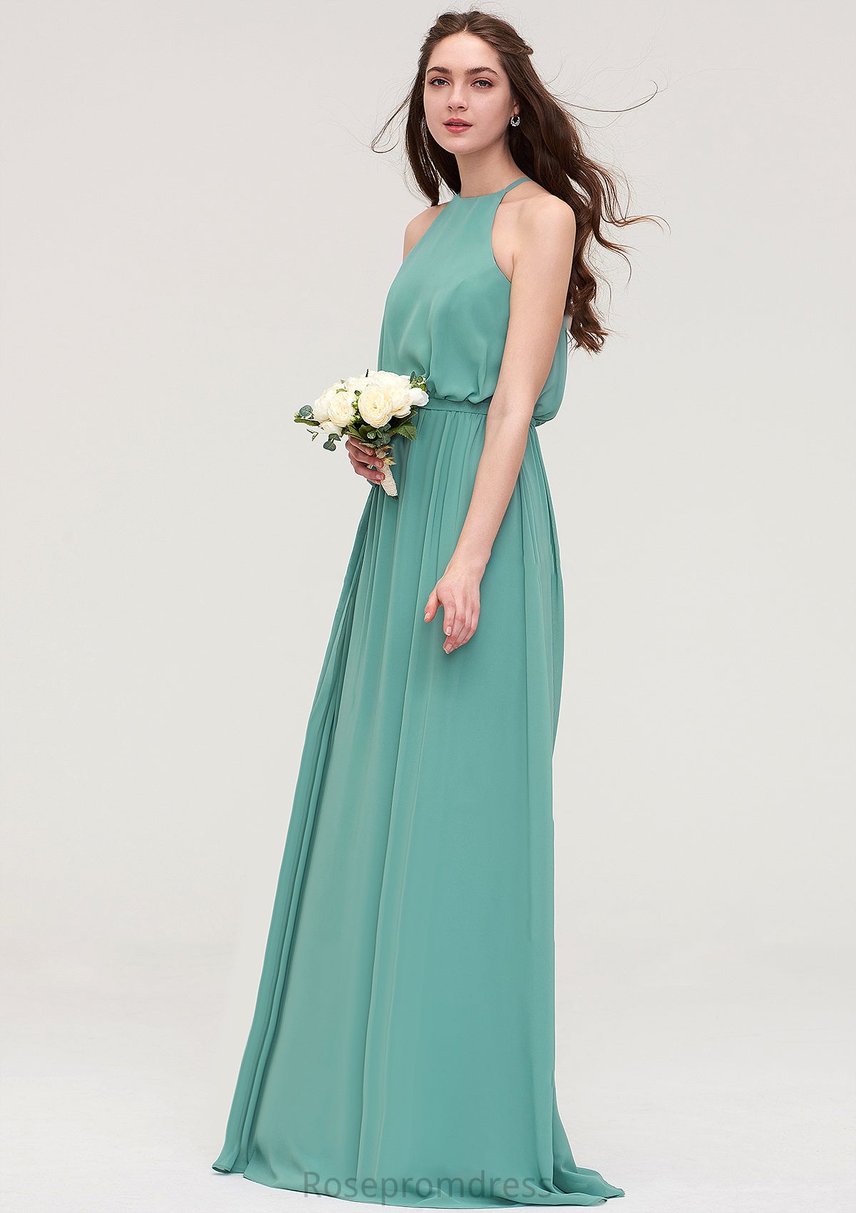 High-Neck Sleeveless Long/Floor-Length Chiffon A-line/Princess Bridesmaid Dresses With Sashes Elaina SRSP0025485