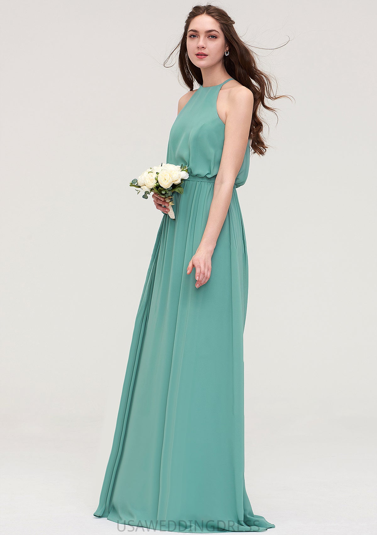 High-Neck Sleeveless Long/Floor-Length Chiffon A-line/Princess Bridesmaid Dresses With Sashes Vivien DSP0025485