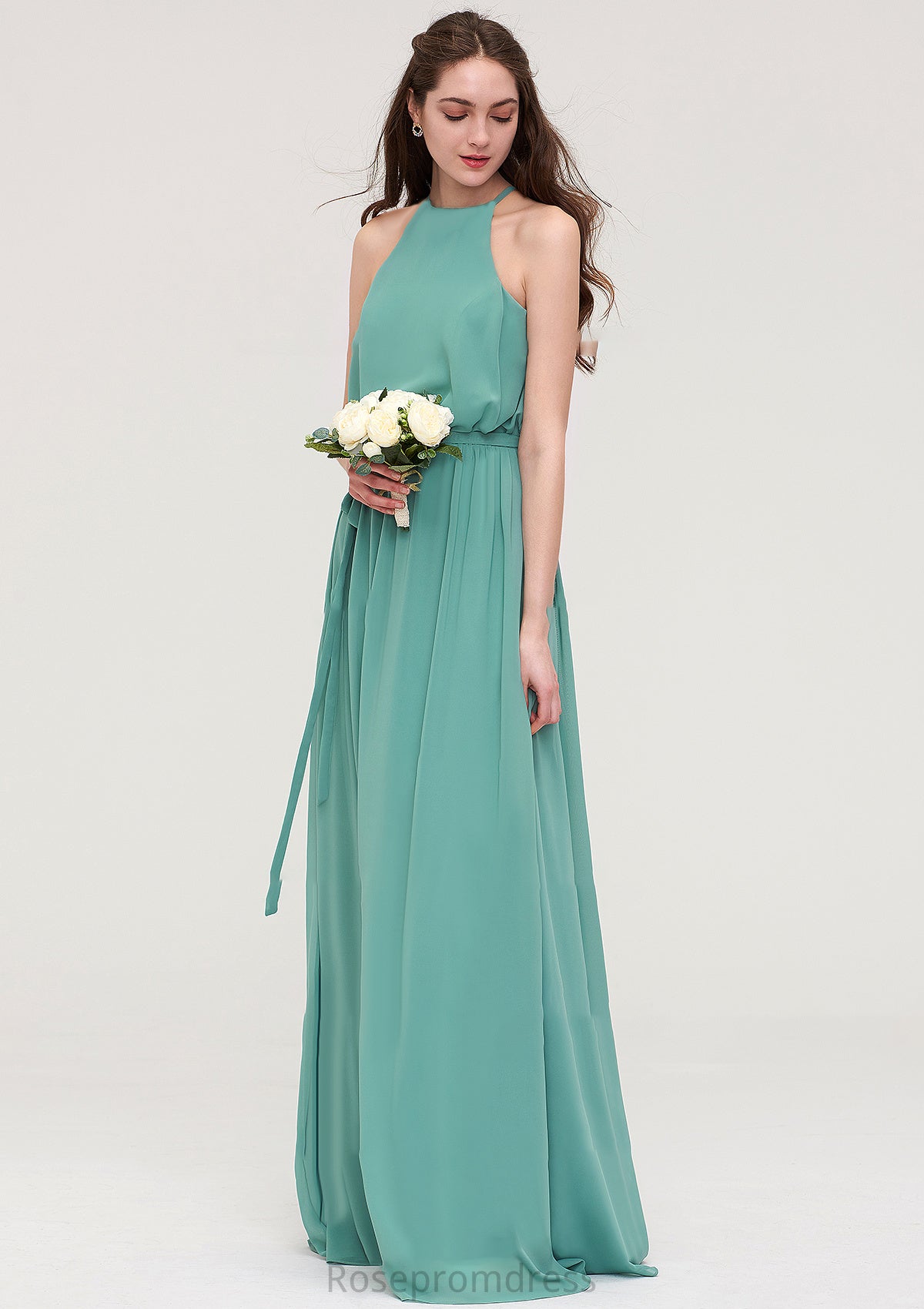 High-Neck Sleeveless Long/Floor-Length Chiffon A-line/Princess Bridesmaid Dresses With Sashes Elaina SRSP0025485