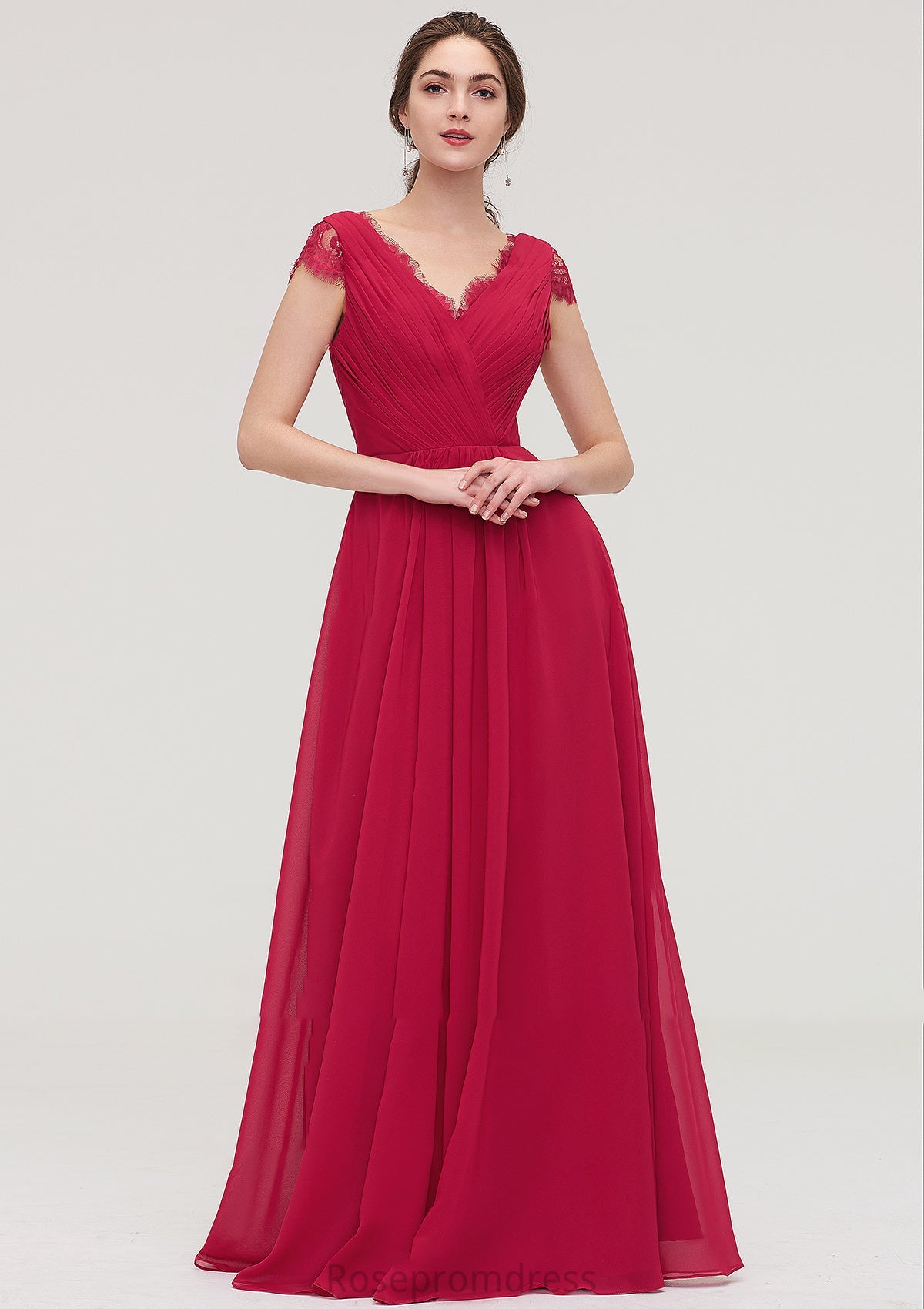 Sleeveless V Neck Long/Floor-Length Chiffon A-line/Princess Bridesmaid Dresses With Lace Pleated Kristin SRSP0025486