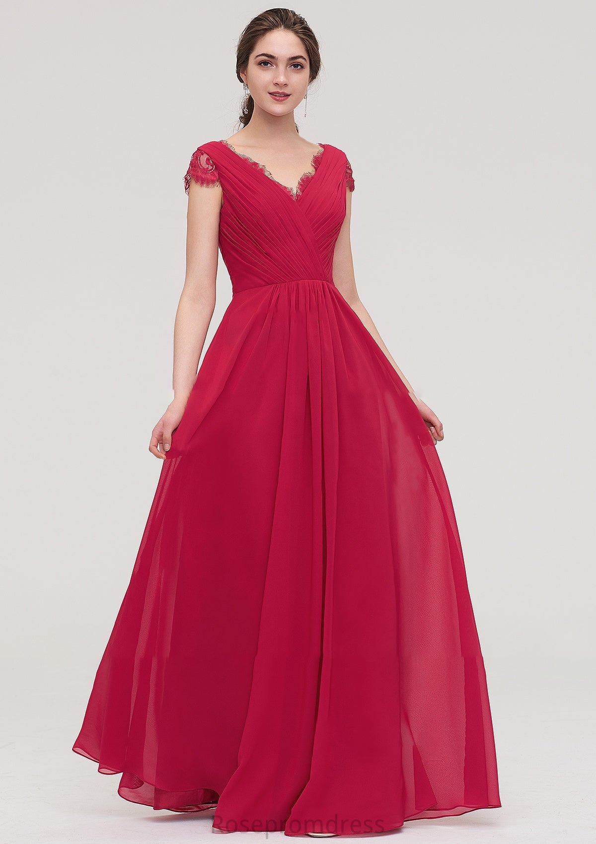 Sleeveless V Neck Long/Floor-Length Chiffon A-line/Princess Bridesmaid Dresses With Lace Pleated Kristin SRSP0025486