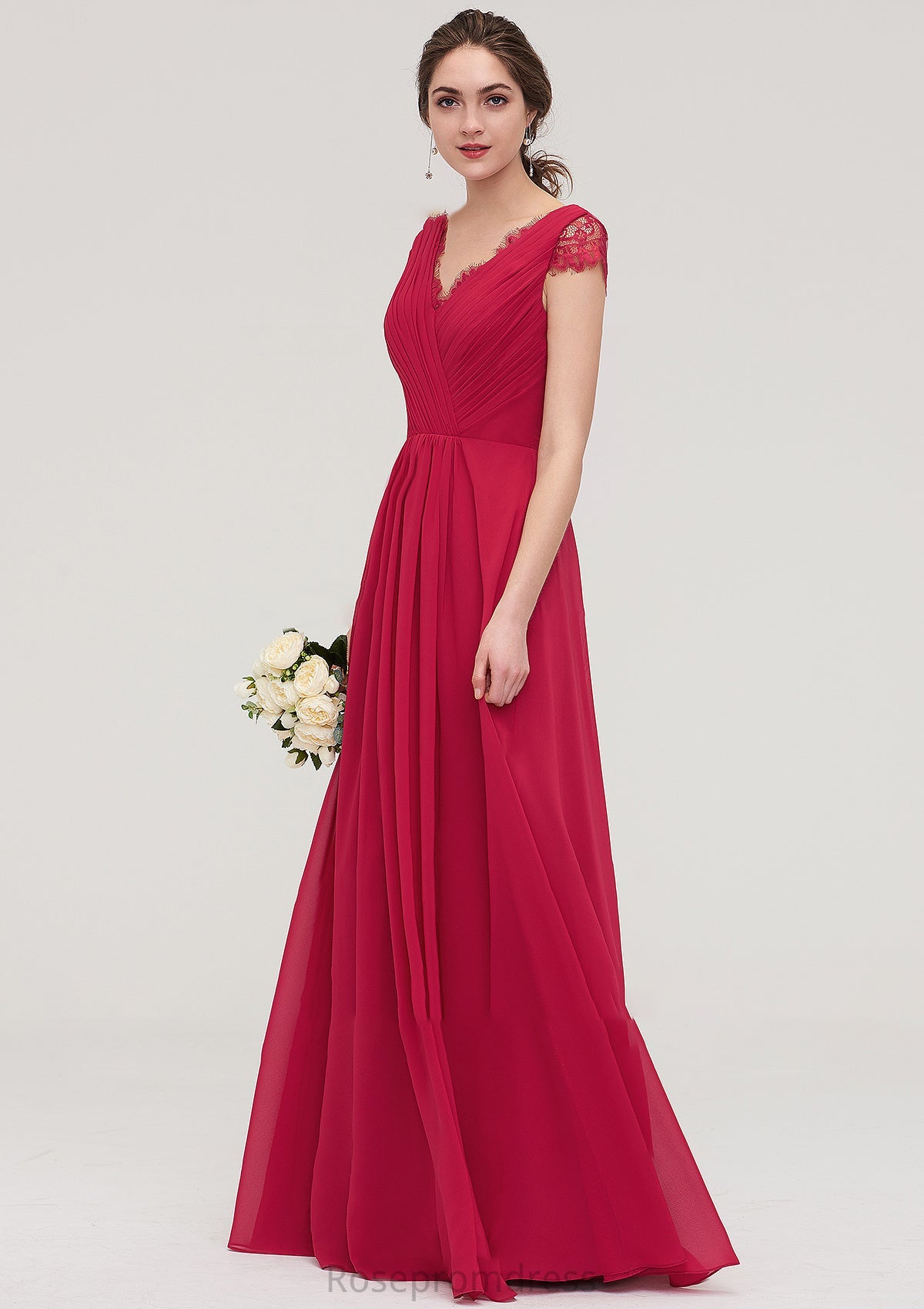 Sleeveless V Neck Long/Floor-Length Chiffon A-line/Princess Bridesmaid Dresses With Lace Pleated Kristin SRSP0025486