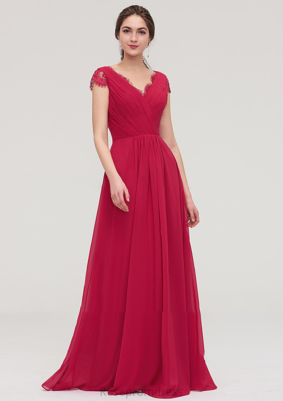 Sleeveless V Neck Long/Floor-Length Chiffon A-line/Princess Bridesmaid Dresses With Lace Pleated Kristin SRSP0025486