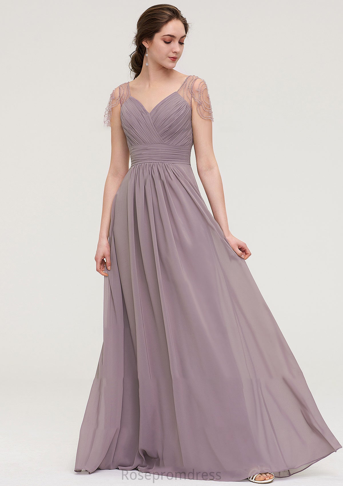 Short Sleeve Sweetheart Long/Floor-Length Chiffon A-line/Princess Bridesmaid Dresses With Pleated Beading Rayne SRSP0025487