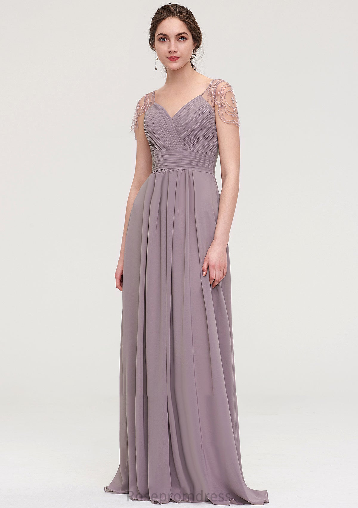 Short Sleeve Sweetheart Long/Floor-Length Chiffon A-line/Princess Bridesmaid Dresses With Pleated Beading Rayne SRSP0025487