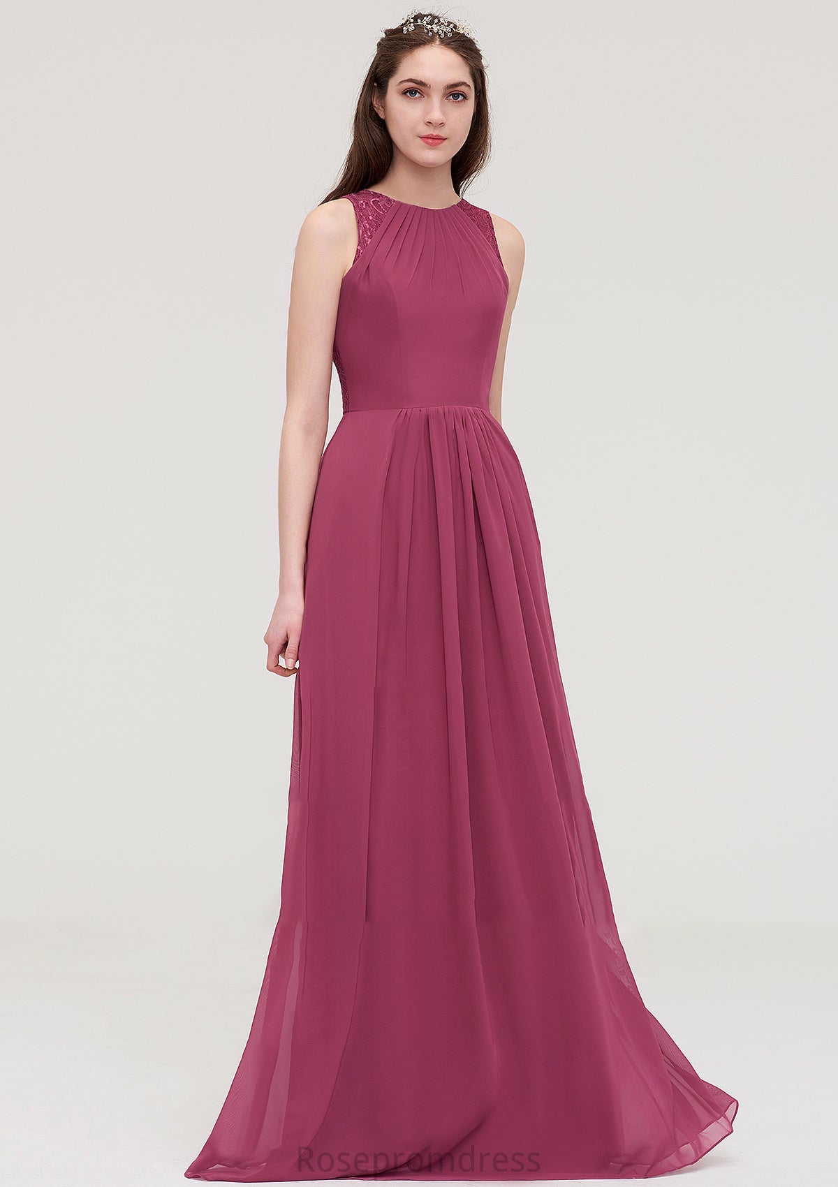 Bateau Sleeveless Long/Floor-Length Chiffon A-line/Princess Bridesmaid Dresses With Lace Pleated Hadley SRSP0025488