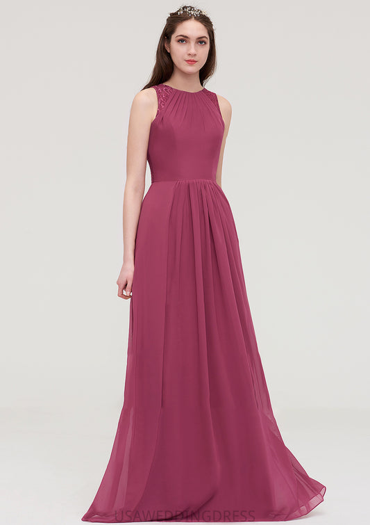 Bateau Sleeveless Long/Floor-Length Chiffon A-line/Princess Bridesmaid Dresses With Lace Pleated Edith DSP0025488