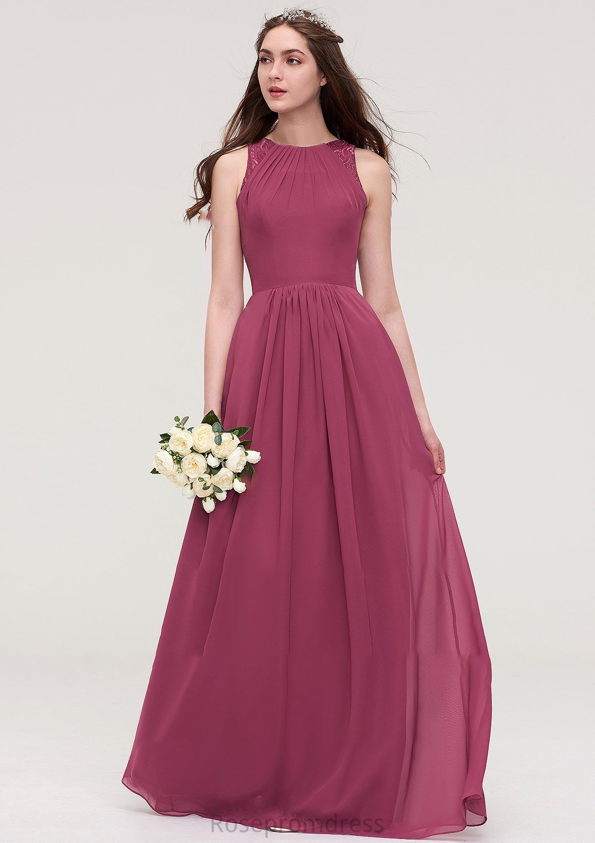 Bateau Sleeveless Long/Floor-Length Chiffon A-line/Princess Bridesmaid Dresses With Lace Pleated Hadley SRSP0025488