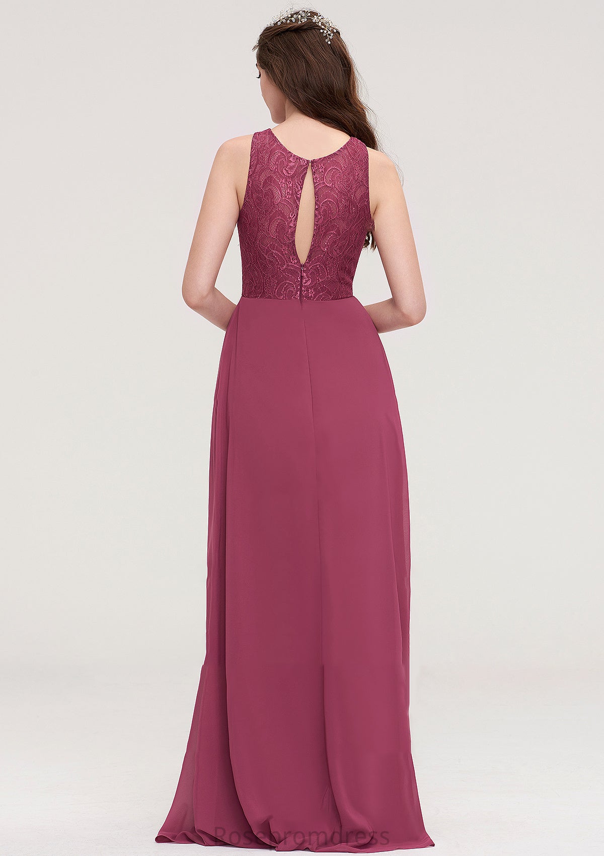 Bateau Sleeveless Long/Floor-Length Chiffon A-line/Princess Bridesmaid Dresses With Lace Pleated Hadley SRSP0025488