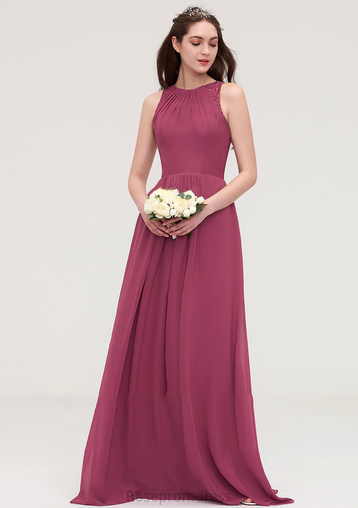 Bateau Sleeveless Long/Floor-Length Chiffon A-line/Princess Bridesmaid Dresses With Lace Pleated Hadley SRSP0025488