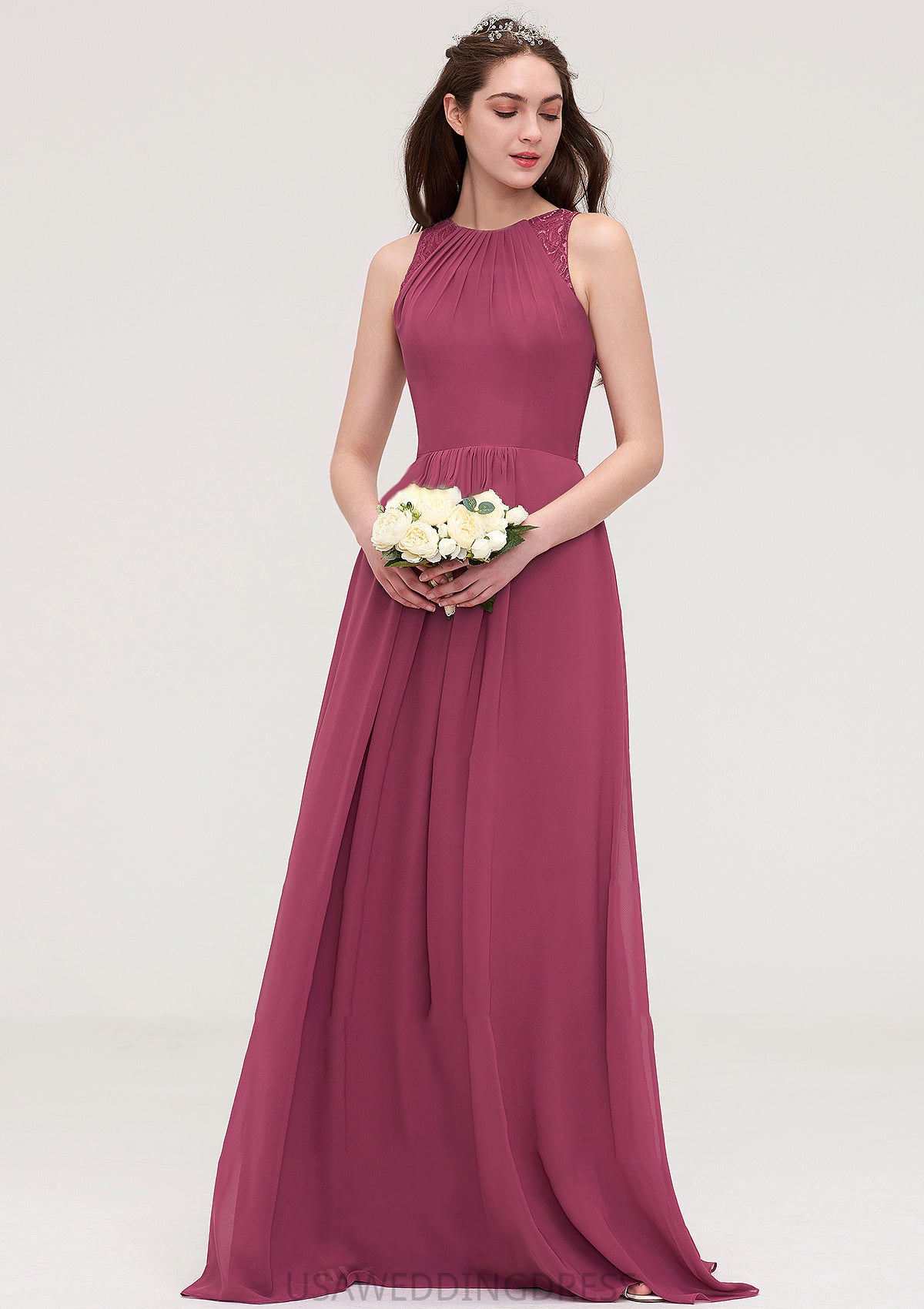 Bateau Sleeveless Long/Floor-Length Chiffon A-line/Princess Bridesmaid Dresses With Lace Pleated Edith DSP0025488