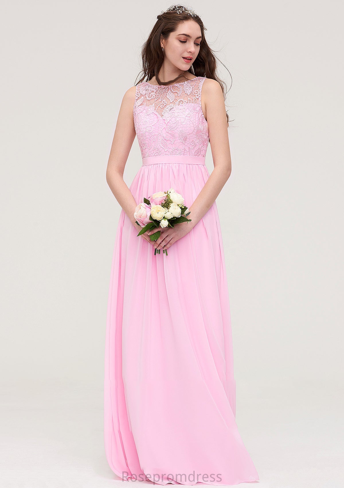 Bateau Sleeveless Long/Floor-Length Chiffon A-line/Princess Bridesmaid Dresses With Lace Gia SRSP0025489