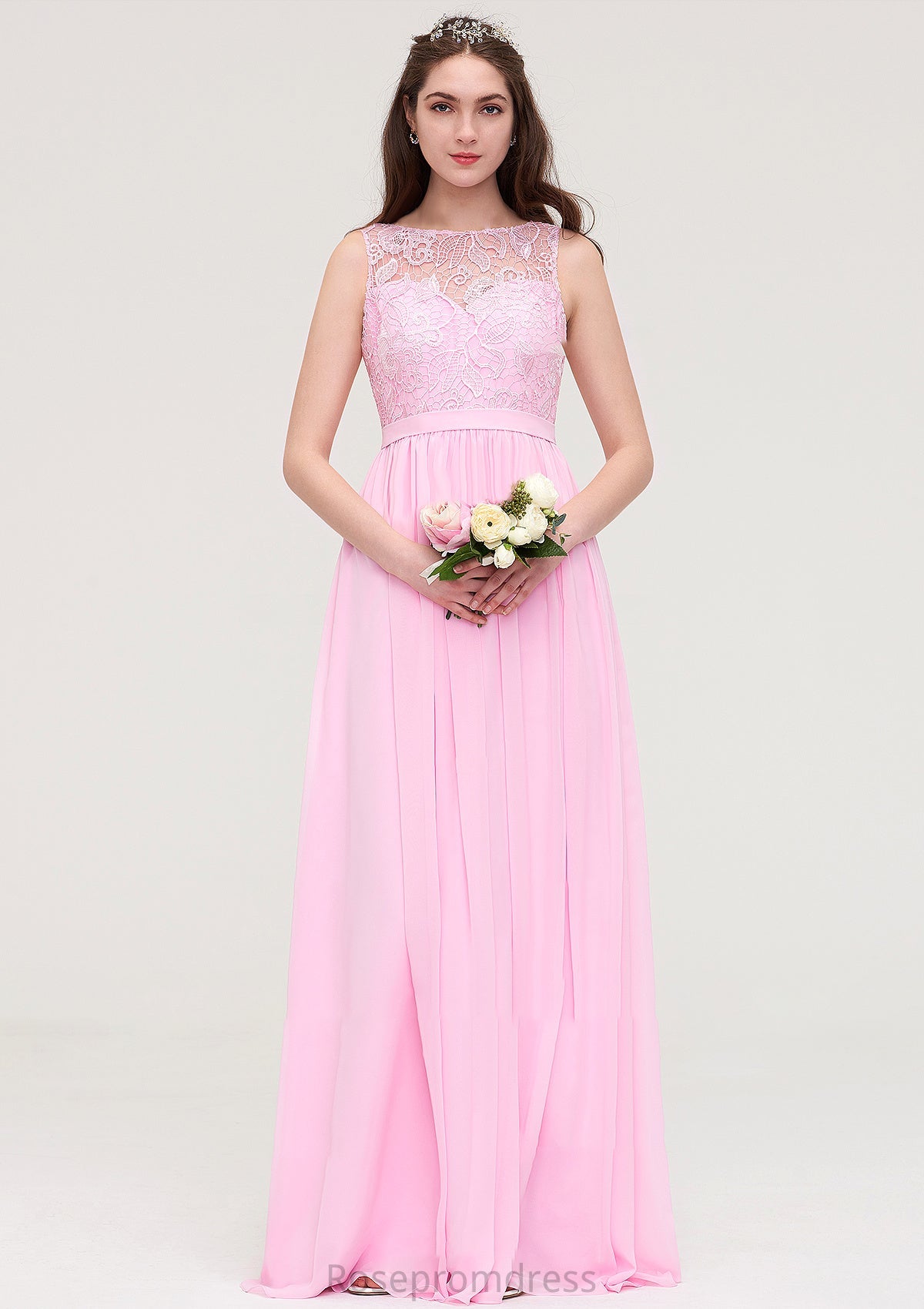 Bateau Sleeveless Long/Floor-Length Chiffon A-line/Princess Bridesmaid Dresses With Lace Gia SRSP0025489