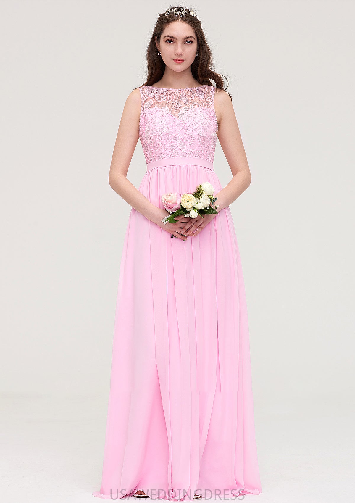 Bateau Sleeveless Long/Floor-Length Chiffon A-line/Princess Bridesmaid Dresses With Lace Annie DSP0025489