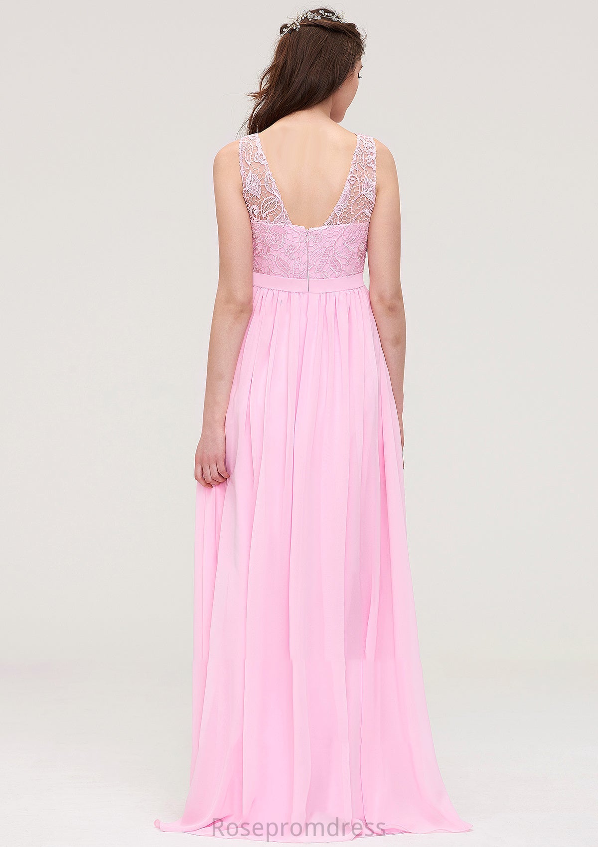 Bateau Sleeveless Long/Floor-Length Chiffon A-line/Princess Bridesmaid Dresses With Lace Gia SRSP0025489