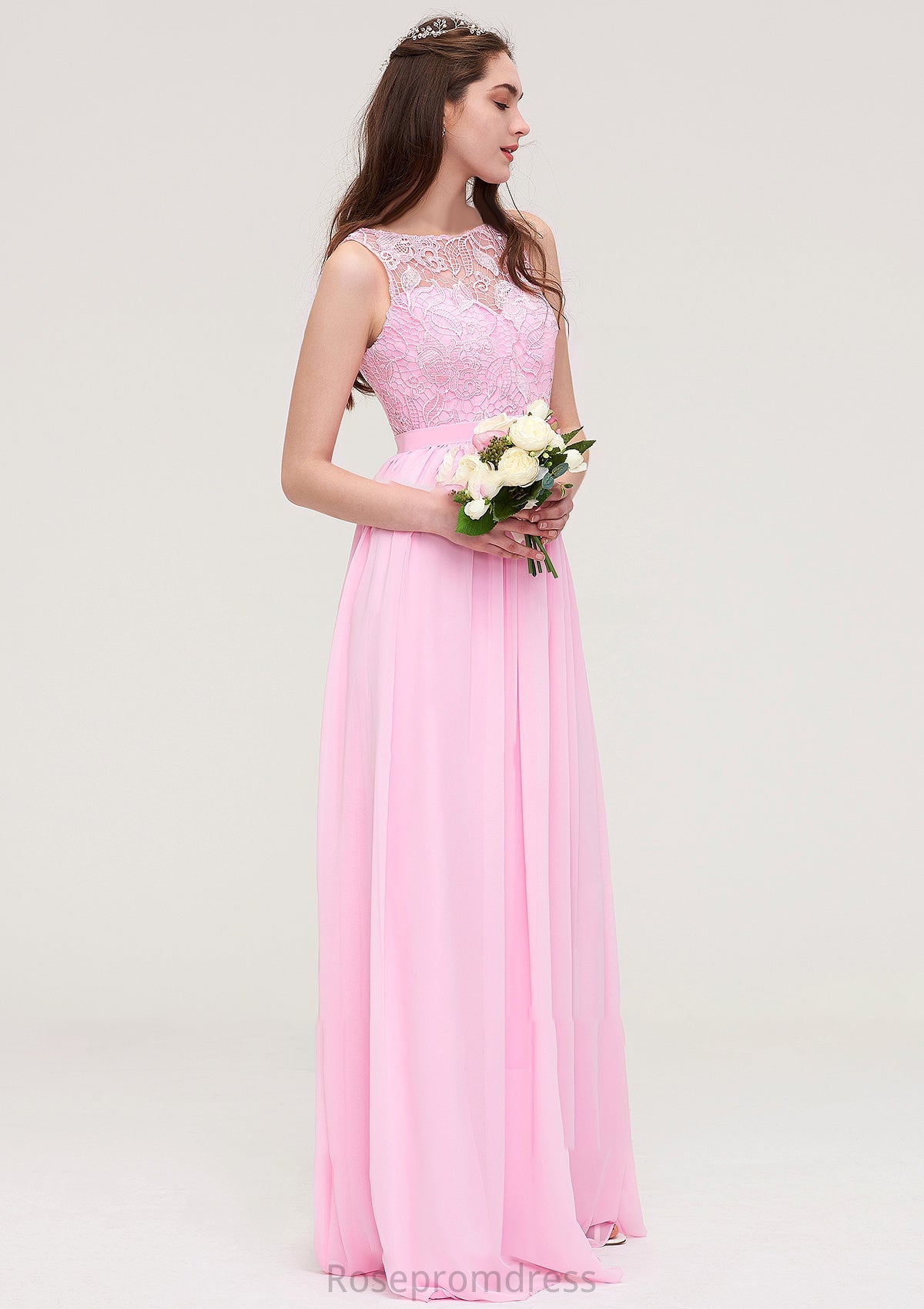 Bateau Sleeveless Long/Floor-Length Chiffon A-line/Princess Bridesmaid Dresses With Lace Gia SRSP0025489