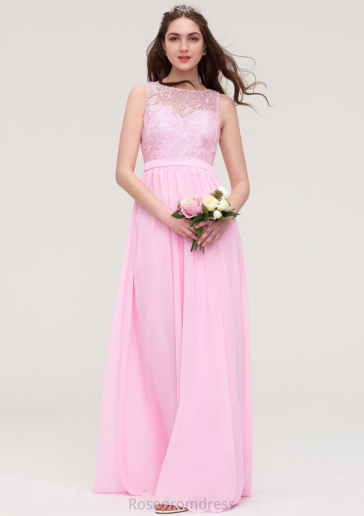 Bateau Sleeveless Long/Floor-Length Chiffon A-line/Princess Bridesmaid Dresses With Lace Gia SRSP0025489