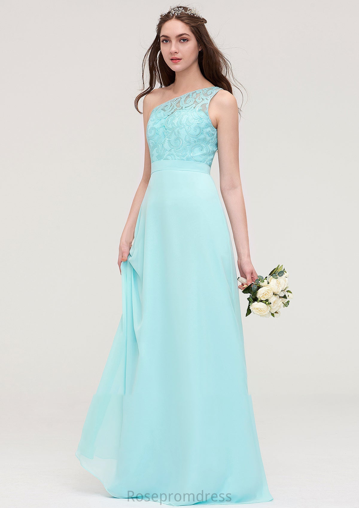 One-Shoulder Sleeveless Long/Floor-Length Chiffon A-line/Princess Bridesmaid Dresses With Lace Iris SRSP0025491