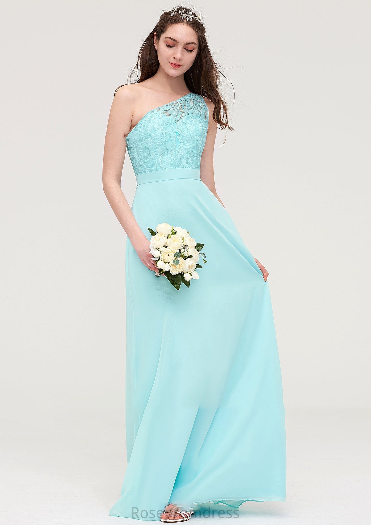 One-Shoulder Sleeveless Long/Floor-Length Chiffon A-line/Princess Bridesmaid Dresses With Lace Iris SRSP0025491