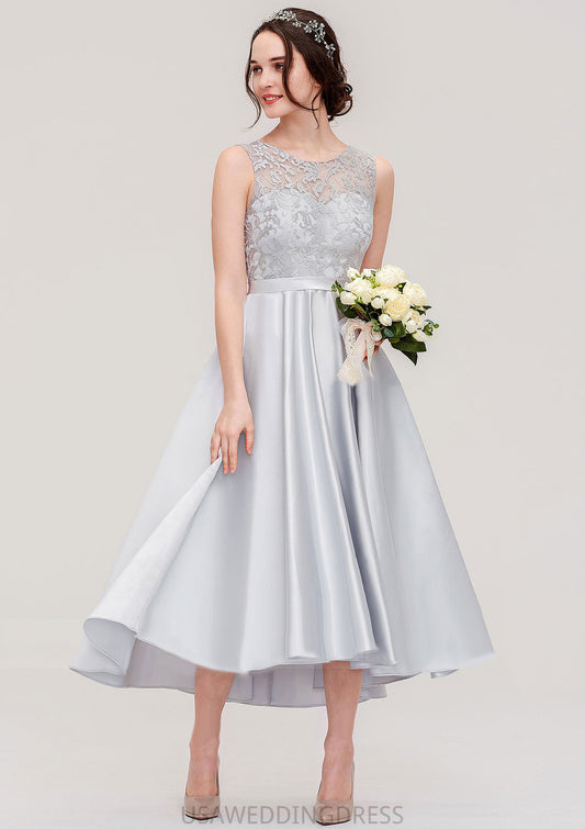 Bateau Sleeveless Tea-Length Satin A-line/Princess Bridesmaid Dresses With Sashes Lace Nayeli DSP0025495