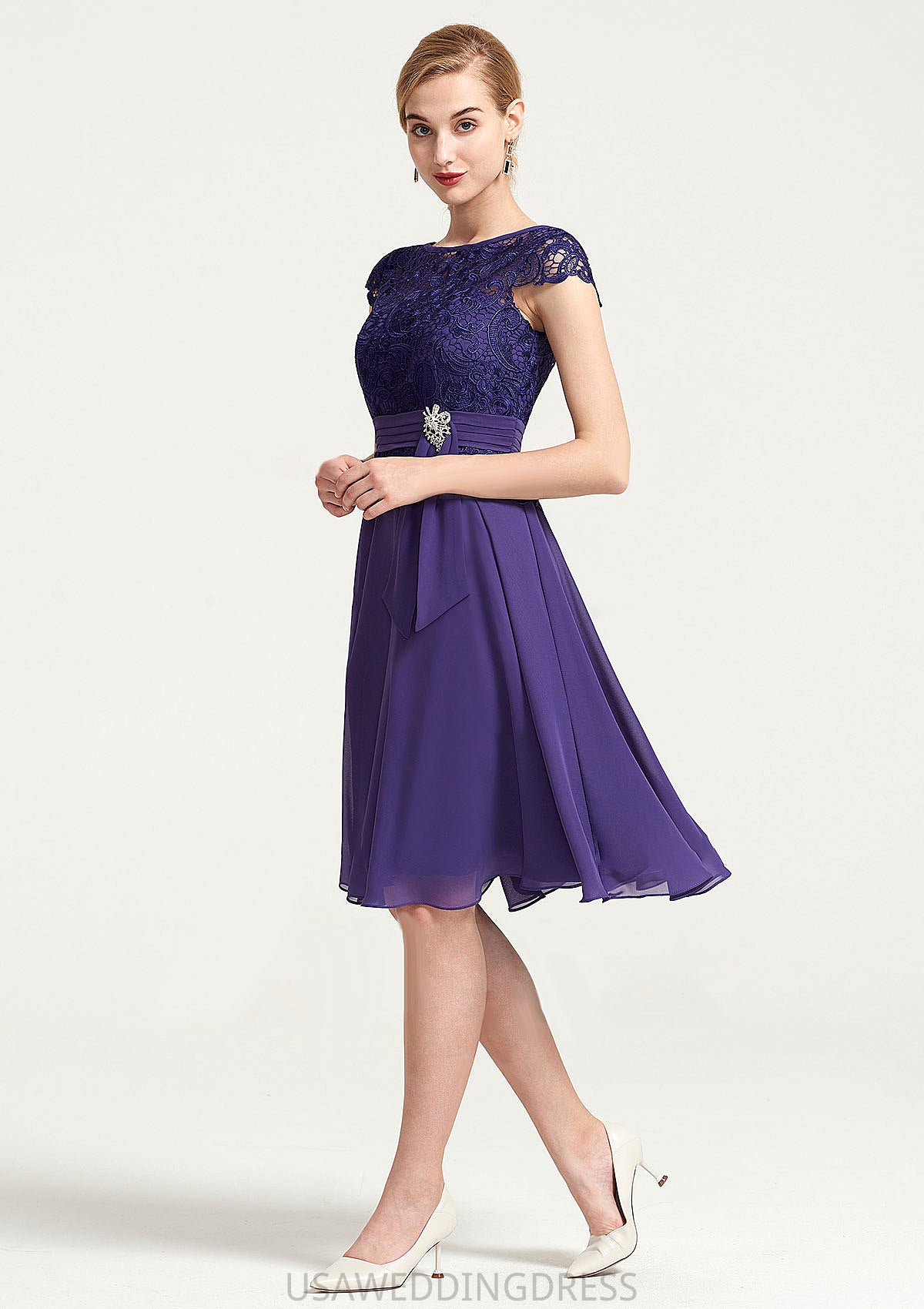 Sleeveless Bateau Knee-Length A-line/Princess Chiffon Bridesmaid Dresses With Rhinestone Appliqued Sashes Noelle DSP0025496