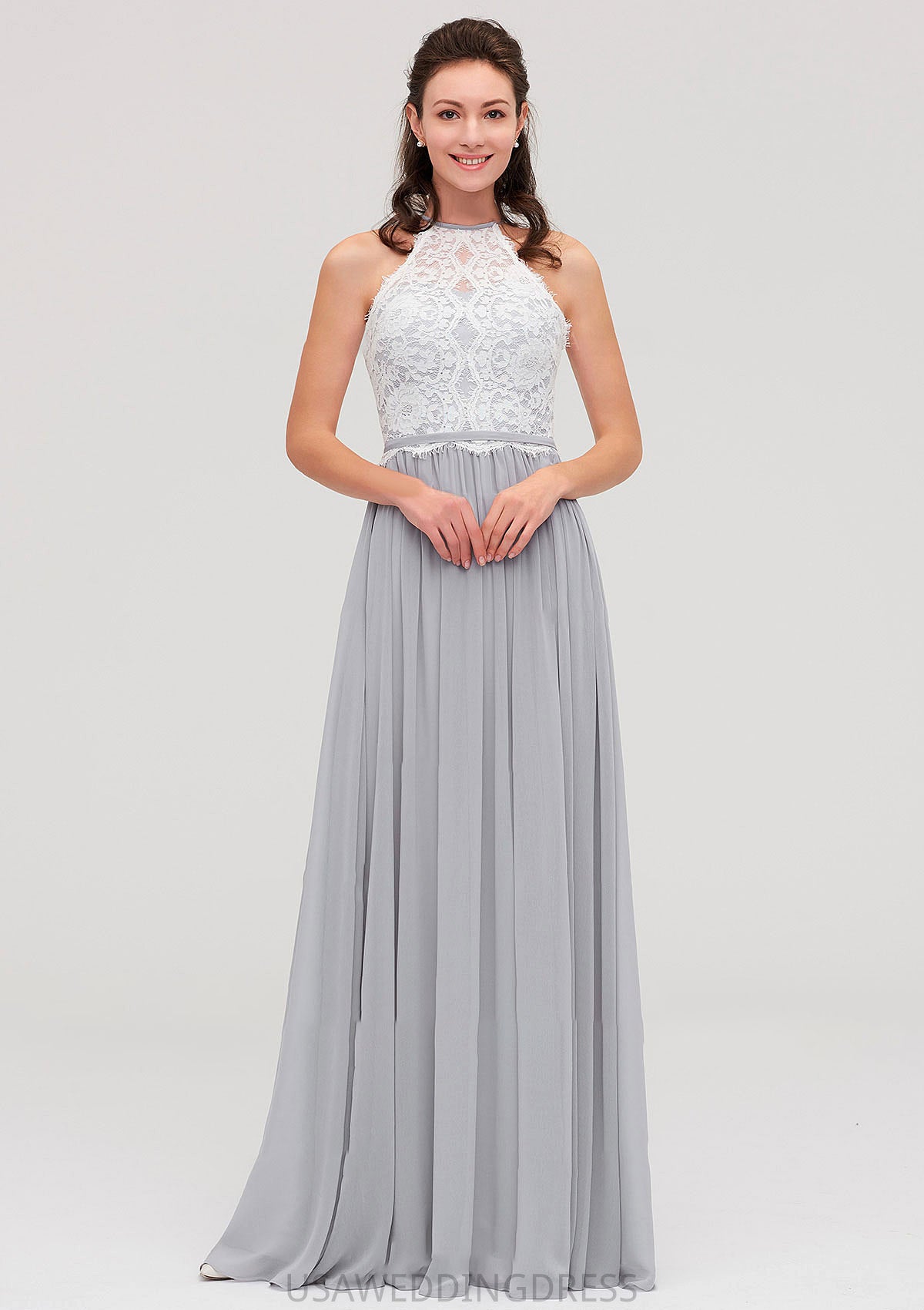 Sleeveless Scoop Neck A-line/Princess Chiffon Long/Floor-Length Bridesmaid Dresseses With Lace Thelma DSP0025497