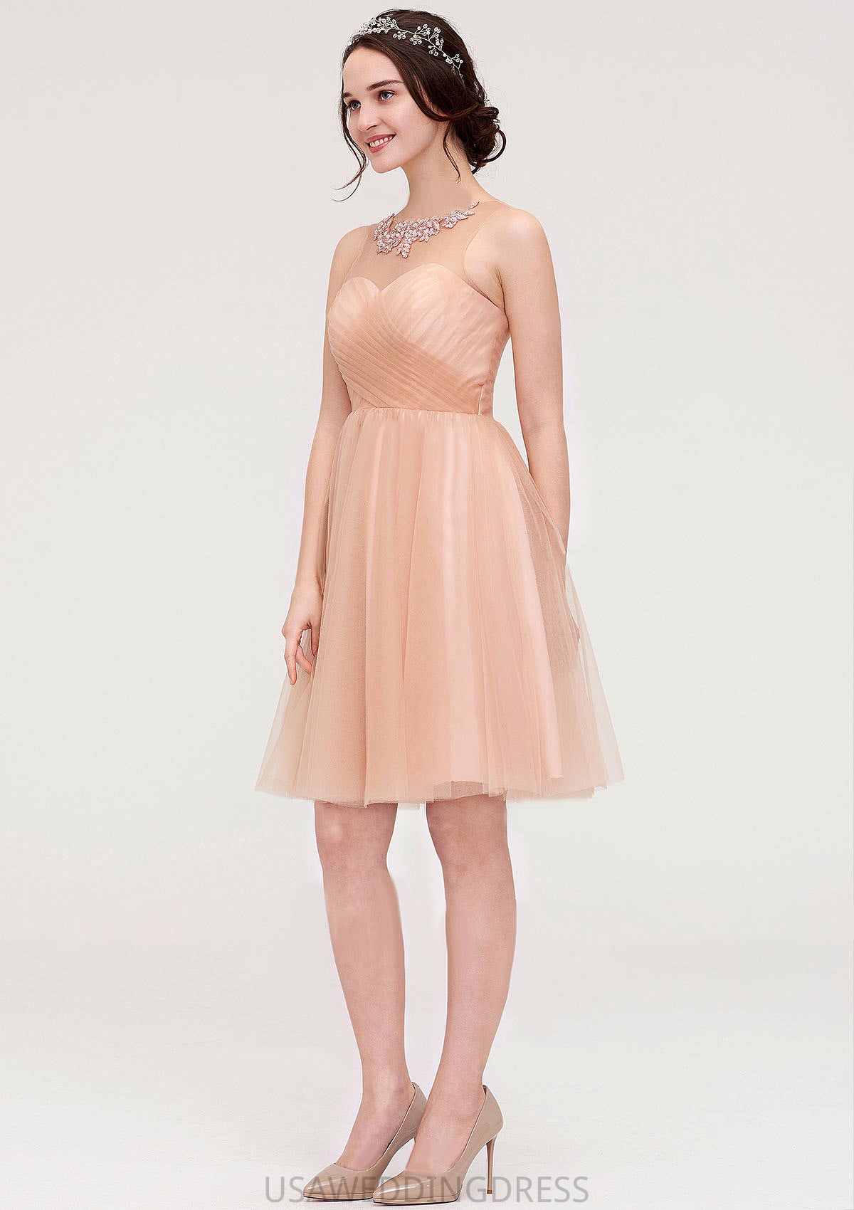 Bateau Sleeveless A-line/Princess Tulle Knee-Length Bridesmaid Dresses With Pleated Beading Cynthia DSP0025498