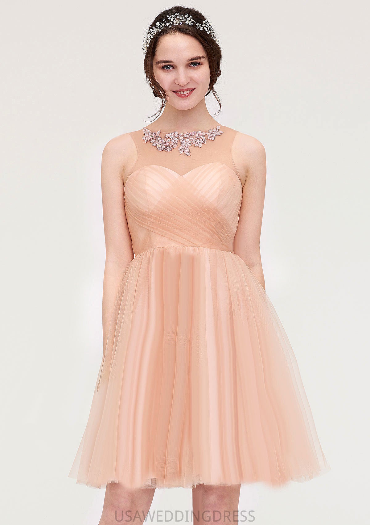 Bateau Sleeveless A-line/Princess Tulle Knee-Length Bridesmaid Dresses With Pleated Beading Cynthia DSP0025498