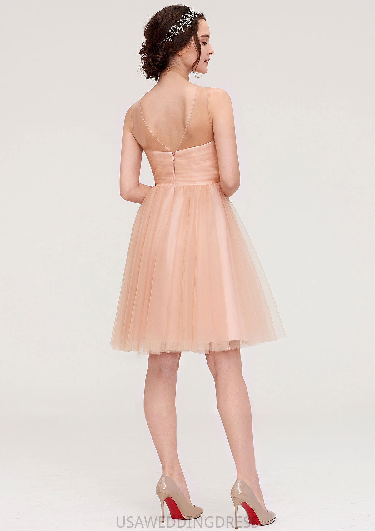 Bateau Sleeveless A-line/Princess Tulle Knee-Length Bridesmaid Dresses With Pleated Beading Cynthia DSP0025498